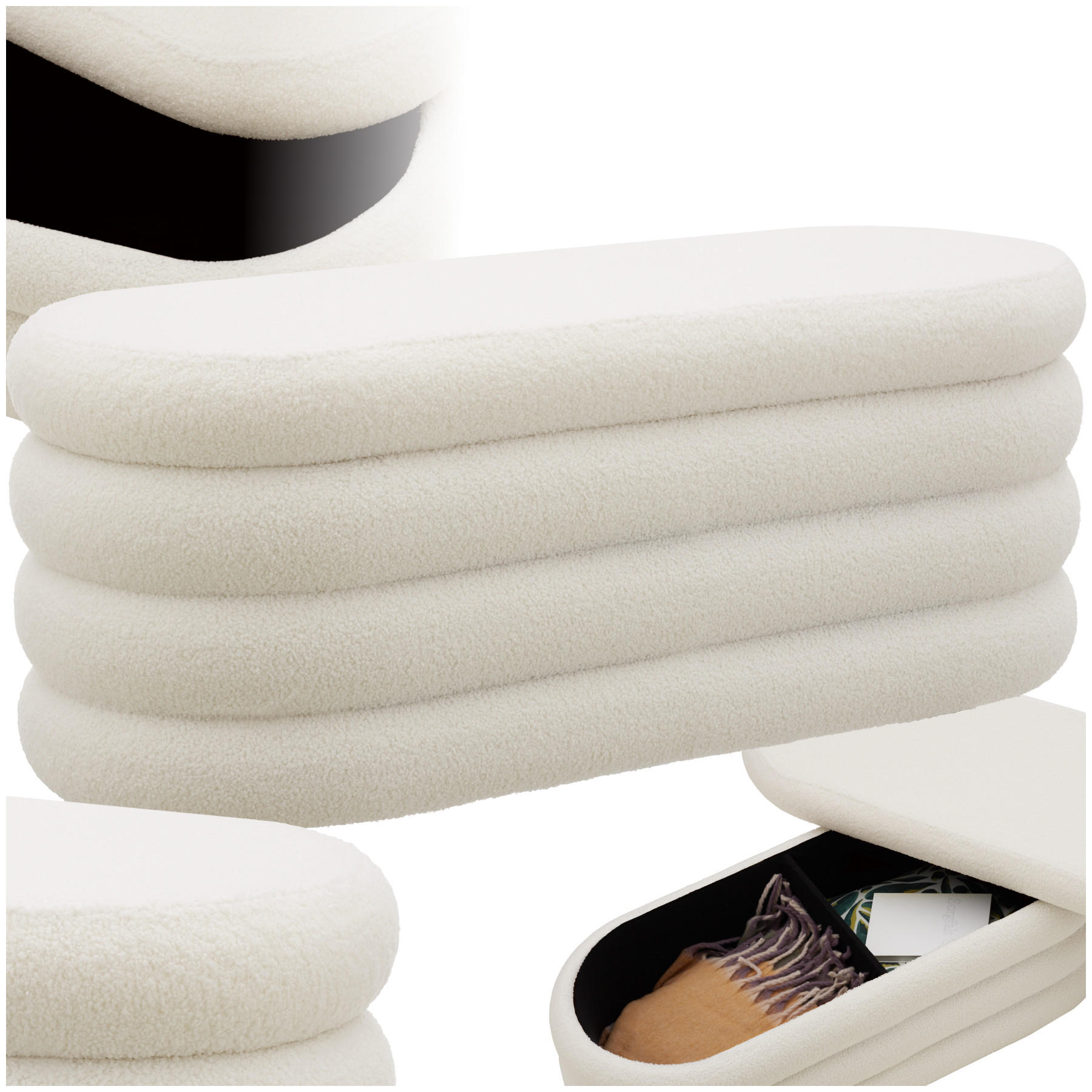 POLSTERBANK Altu,110 x 45 x 42 cm,Bouclé creme-weiß - Creme/Weiß, Holz (110/42/45cm) - tectake