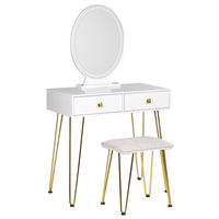 SCHMINKTISCH mit ovalem LED-Spiegel Hocker 2 Schubladen weiß/gold Caen - Goldfarben/Weiß, Holzwerkstoff (82/137/40cm) - Beliani