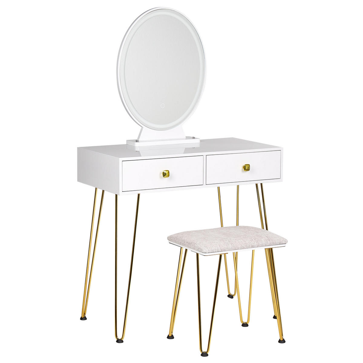 SCHMINKTISCH mit ovalem LED-Spiegel Hocker 2 Schubladen weiß/gold Caen - Goldfarben/Weiß, Holzwerkstoff (82/137/40cm) - Beliani