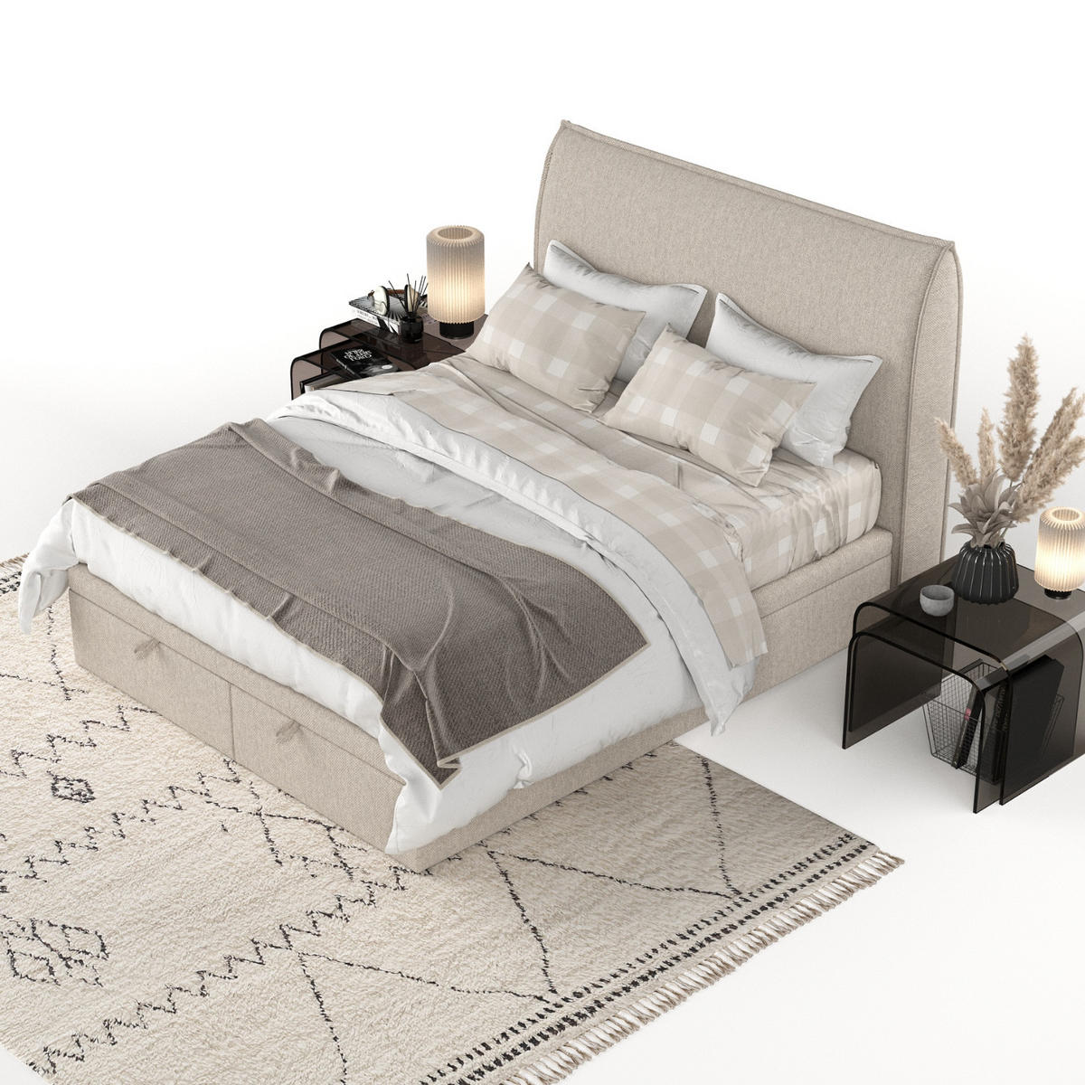 POLSTERBETT Tuvalu mit Stauraum 120/200 cm Hellbeige im Megan Stoff - Beige/Schwarz, Holz/Holzwerkstoff (120/200cm) - AltaBeds