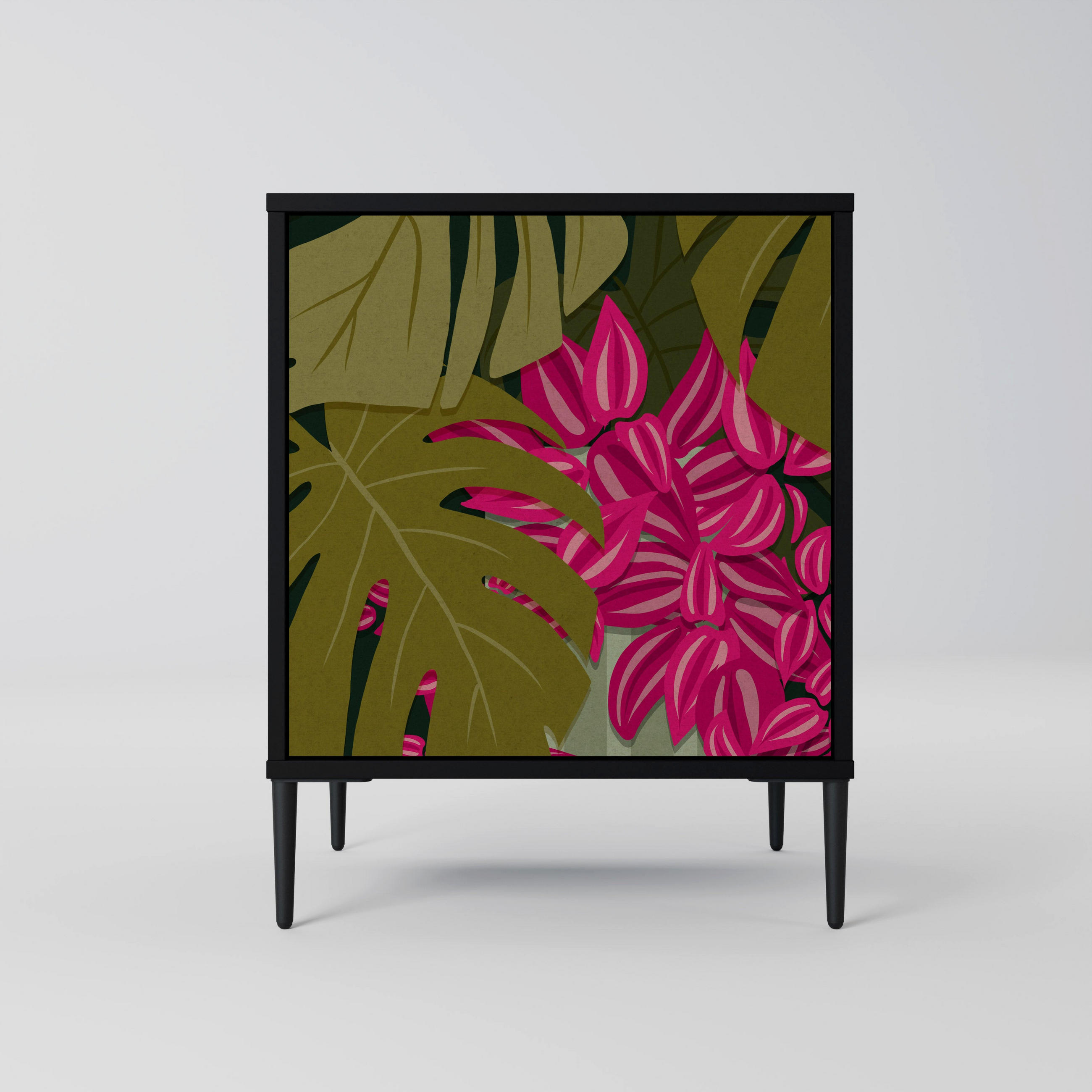 SIDEBOARD TROPICAL BEAUTY, Schwarz, 57,5x42x72,5 cm, Schwarze Metallfüße - Multicolor/Schwarz, Holzwerkstoff/Metall (57.5/72.5/42cm) - SpaceRebels