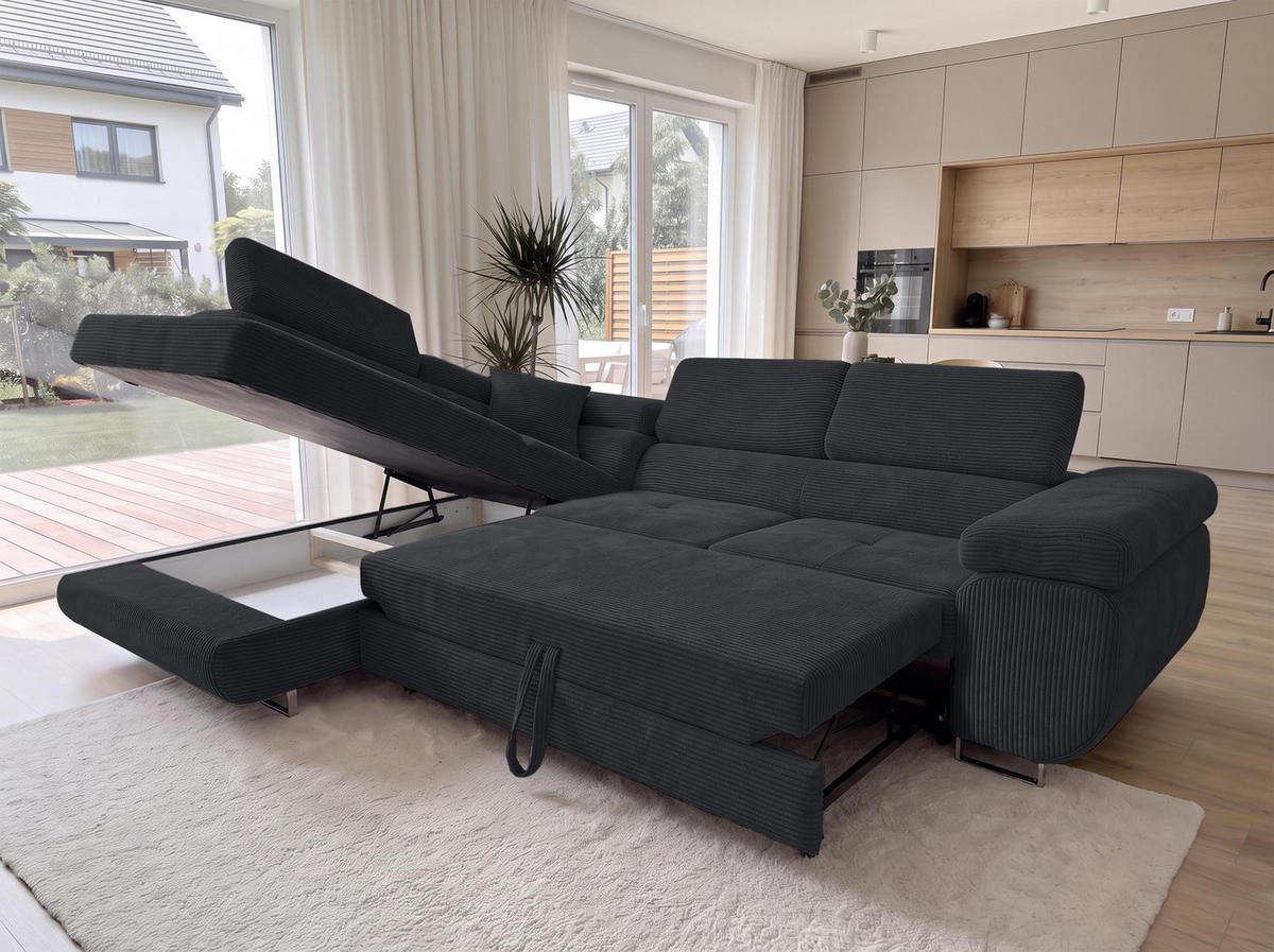 ECKSOFA L Form Konak Schwarz 276/201/90 cm Links mit Schlaffunktion - Silberfarben/Schwarz, Textil/Metall (203/276cm) - AX Living