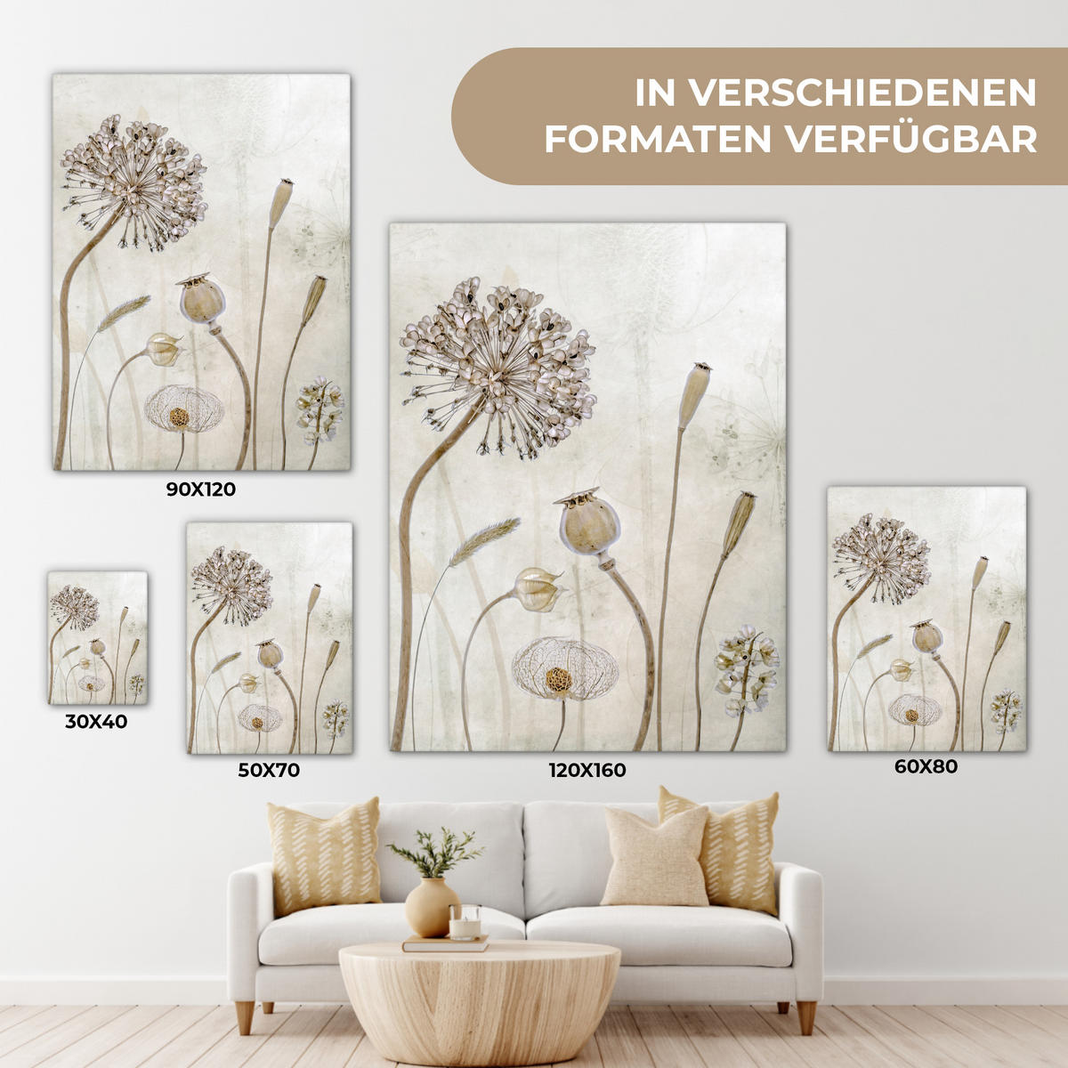 LEINWANDBILD Blumen - Aquarell - Stilleben - Braun - Vintage 30x40 cm - Beige, Textil (30/40cm) - MuchoWow
