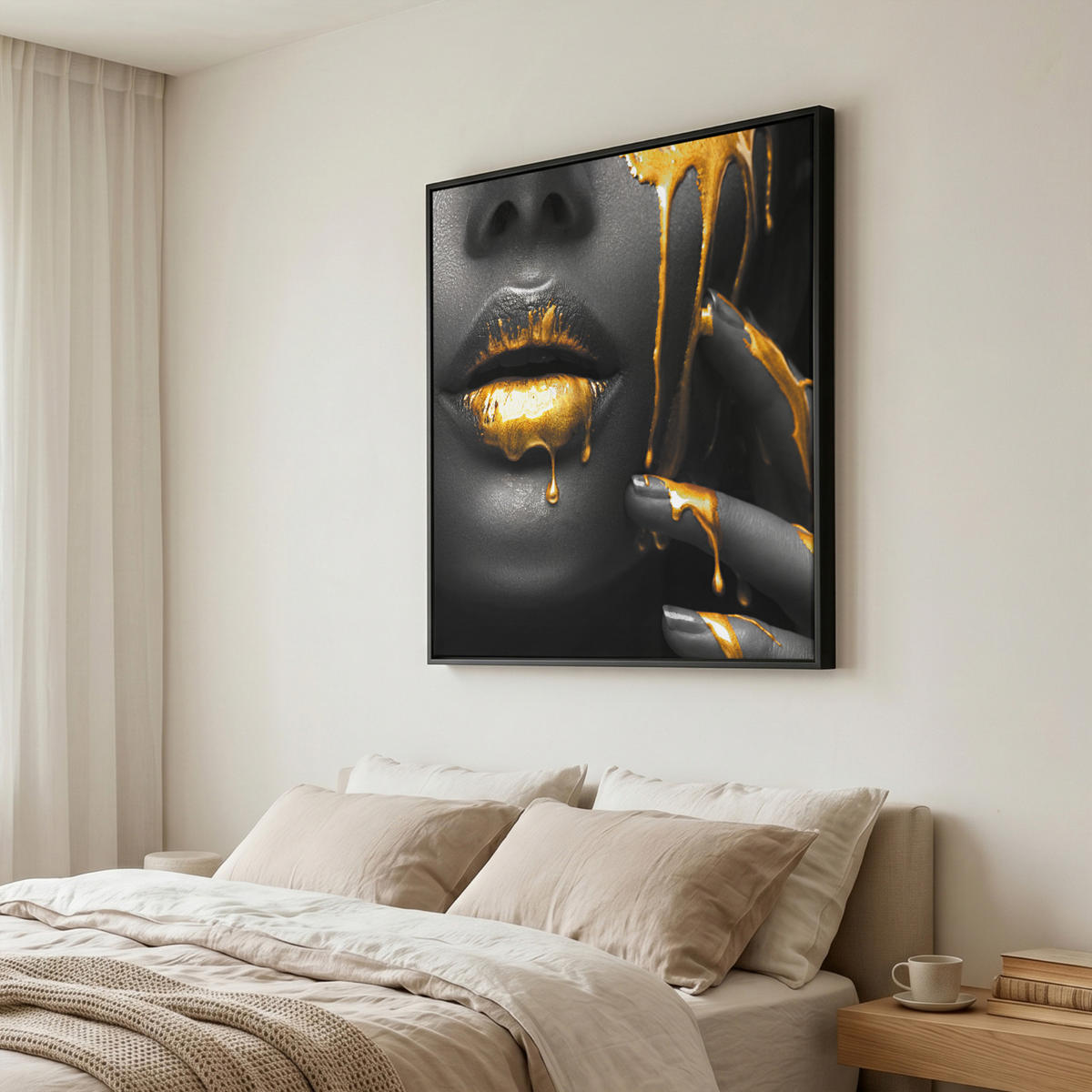 LEINWAND Bilder mit Rahmen - Frau - Schwarz - Gold - Gesicht - Lippen - 90x90 - Goldfarben, Textil (90/90cm) - MuchoWow