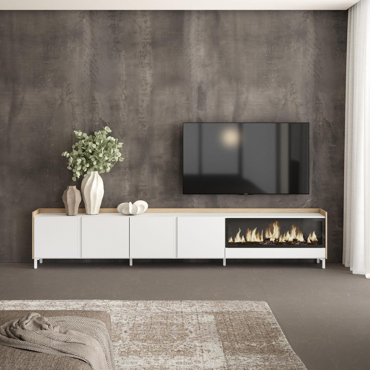 LOWBOARD, Weiß und Eiche, 315/35/61cm, Kamin mit Feuereffekt XXL - Weiß, Holzwerkstoff (315/61/35cm) - Skraut Home