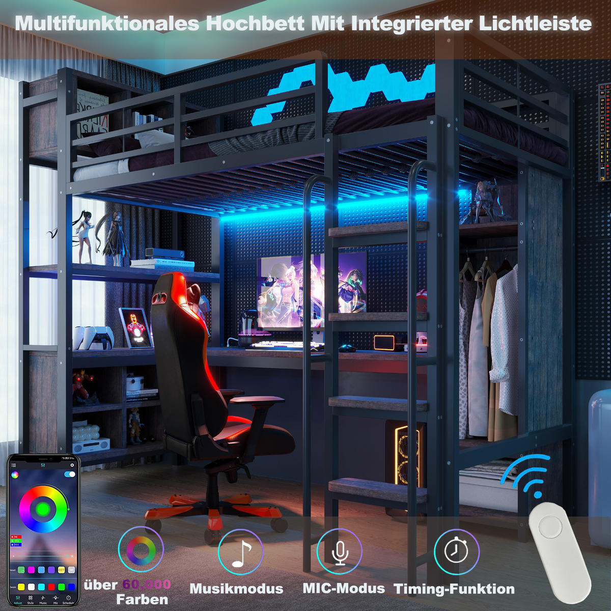 HOCHBETT 90/200 cm in Schwarz mit Schreibtisch, Kleiderschrank, Ablagefächern, LED und Steckdosen Metallbett - Schwarz, Holzwerkstoff/Metall (90/200cm) - STILVORA