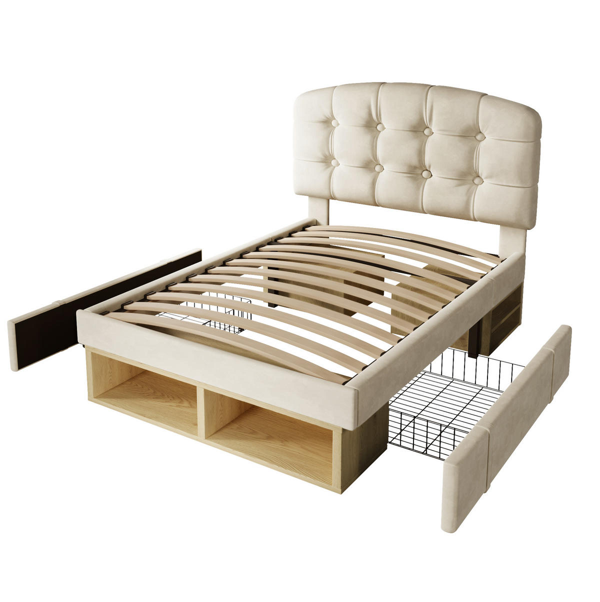 BETT mit Stauraum und Schubladen 90x200 cm Samt Beige - Beige, Metall (90/200cm) - Meubliv