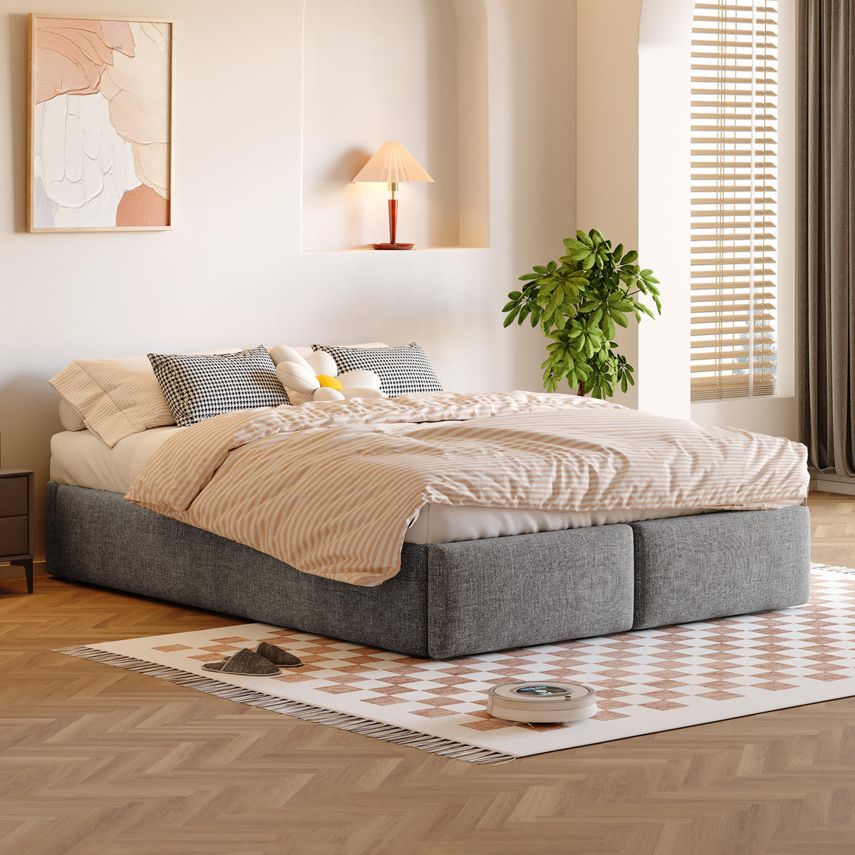 POLSTERBETT 140/200 cm grau mit hydraulischer Lagerung und 2 Schubladen - Grau, Textil (140/200cm) - OKWISH