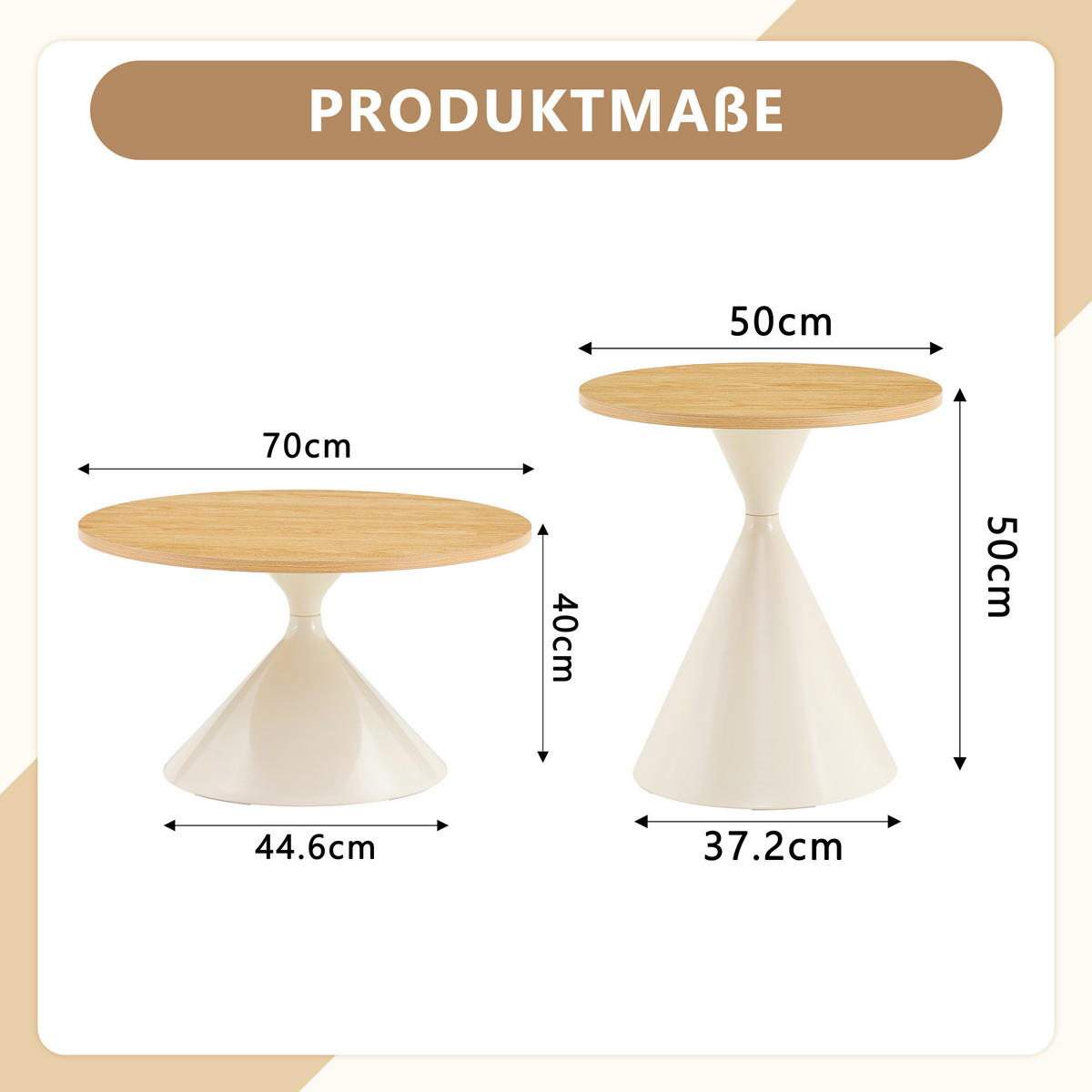COUCHTISCH-SET DE-37434 2er-Set konusförmig mit Holzoptik Naturholz/Creme - Creme/Naturfarben, Metall (50/50/50cm) - ComfortXL