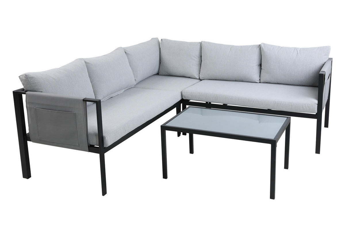 SITZGRUPPE Yolo 1 Ecksofa, 1 Couchtisch, Sitz- + Rückenkissen - Schwarz, Metall - TPFGarden