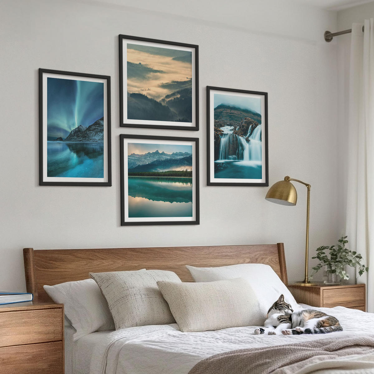 BILDER SET 4er Set - 50x50 cm & 40x60 cm Schwarzer Rahmen - Winterlandschaften, Wasserfälle, Nordlichter - Schwarz, Kunststoff (50/50cm) - TULUP