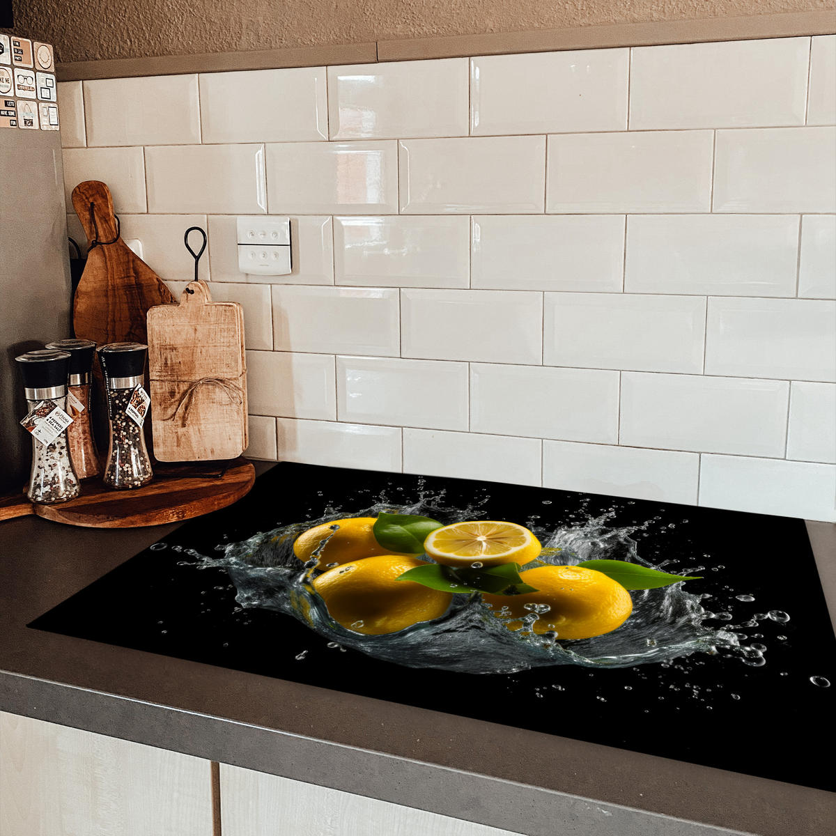 HERDABDECKPLATTE Zitrone - Obst - Gelb - Schwarz 81x52 cm - Gelb, Kunststoff (81.2/52/0.2cm) - MuchoWow