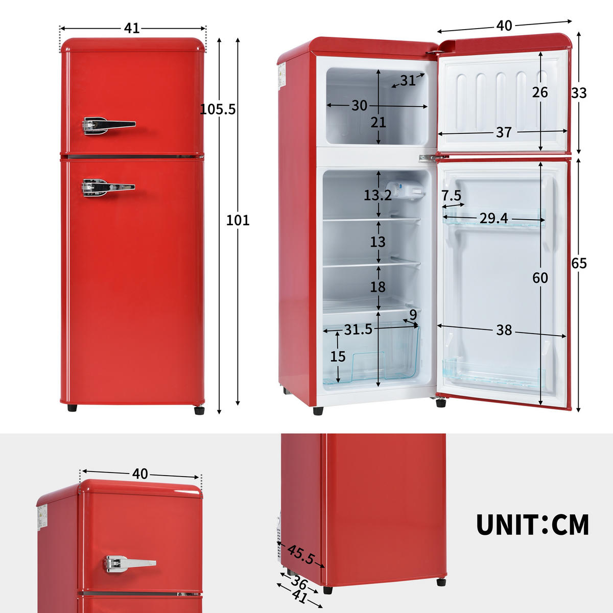 KUHLSCHRANK 41/45.5/105.5 cm Rot mit 92 Liter Gesamtvolumen und LED-Licht - Rot, Kunststoff (45.5/105.5/41cm) - Oxeza