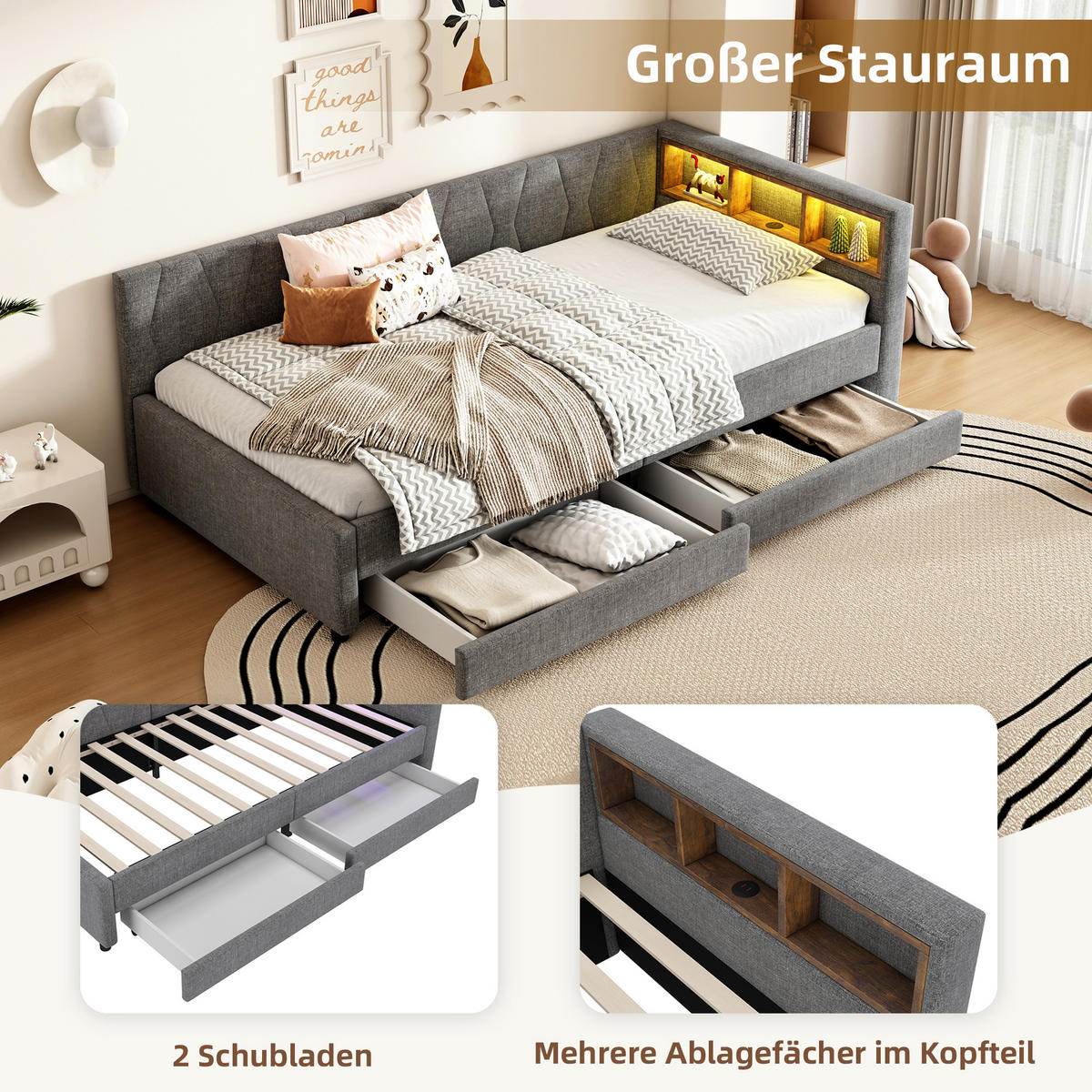 TAGEBETT 90x200cm Grau Leinen Ablagefach 2 Schubladen USB-C - Grau, Holz (90/200cm) - FLIEKS