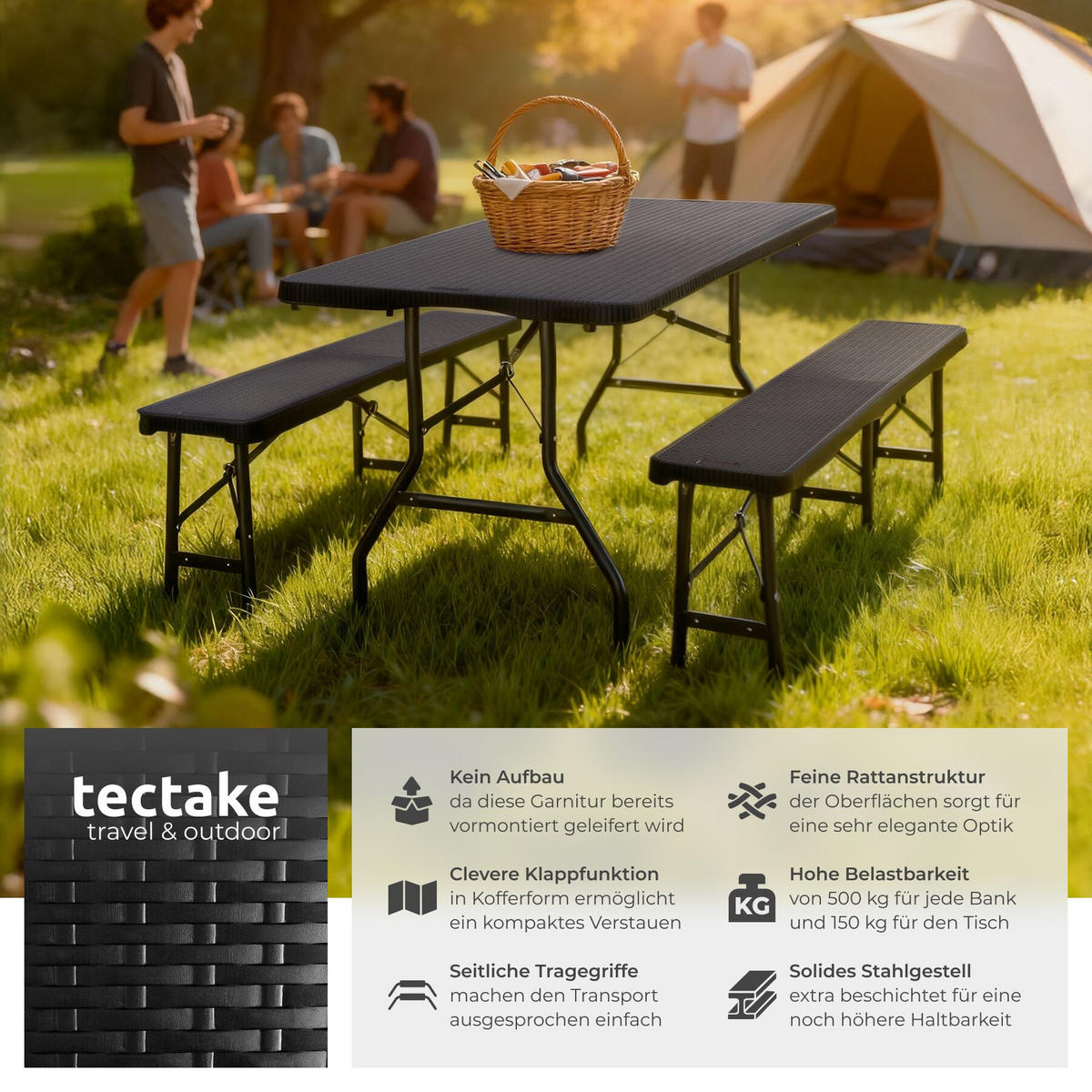 CAMPINGTISCHGARNITUR Vani,mit Tragegriffen,schwarz-Rattanoptik - Schwarz, Kunststoff (180/74/72cm) - tectake