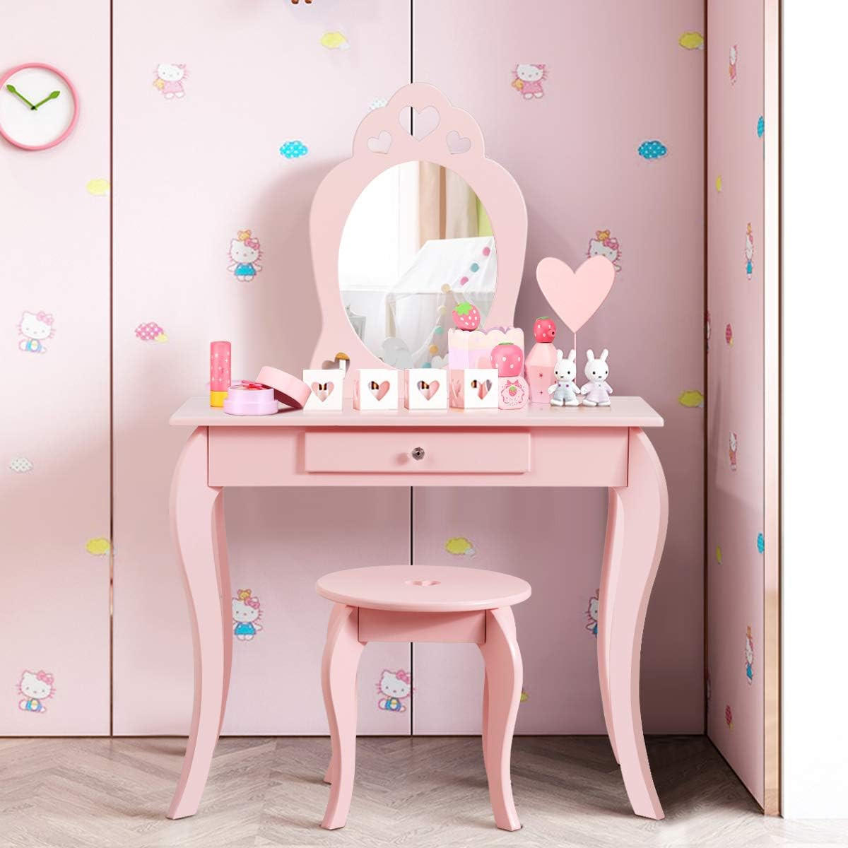 KINDER SCHMINKTISCH mit Hocker Spiegel Pink - Pink, Holz (34/105/70cm) - COSTWAY