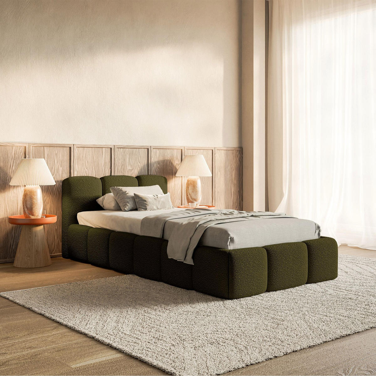 POLSTERBETT Cloudy Low Olivgrün Bouclé, 90x200 cm - Schwarz/Olivgrün, Kunststoff/Textil (90/200cm) - Selsey