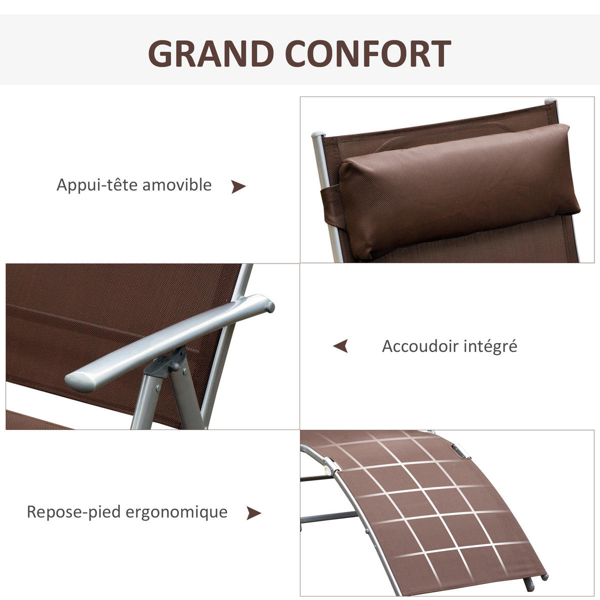 SONNENLIEGE DE-13548 7-fach verstellbar mit Kopfstütze Braun - Braun, Metall (64/100.5/137cm) - ComfortXL