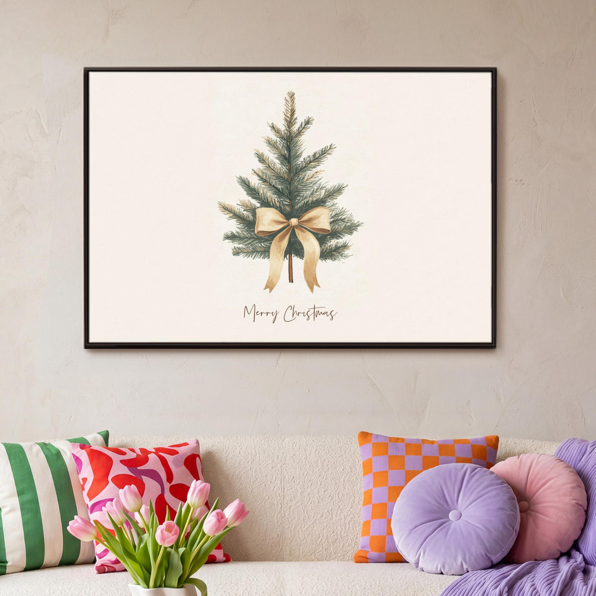 LEINWAND Bilder mit Rahmen - Weihnachtsbaum - Weihnachten - Frohe Weihnachten - Beige - 90x60 - Sandfarben, Textil (90/60cm) - MuchoWow