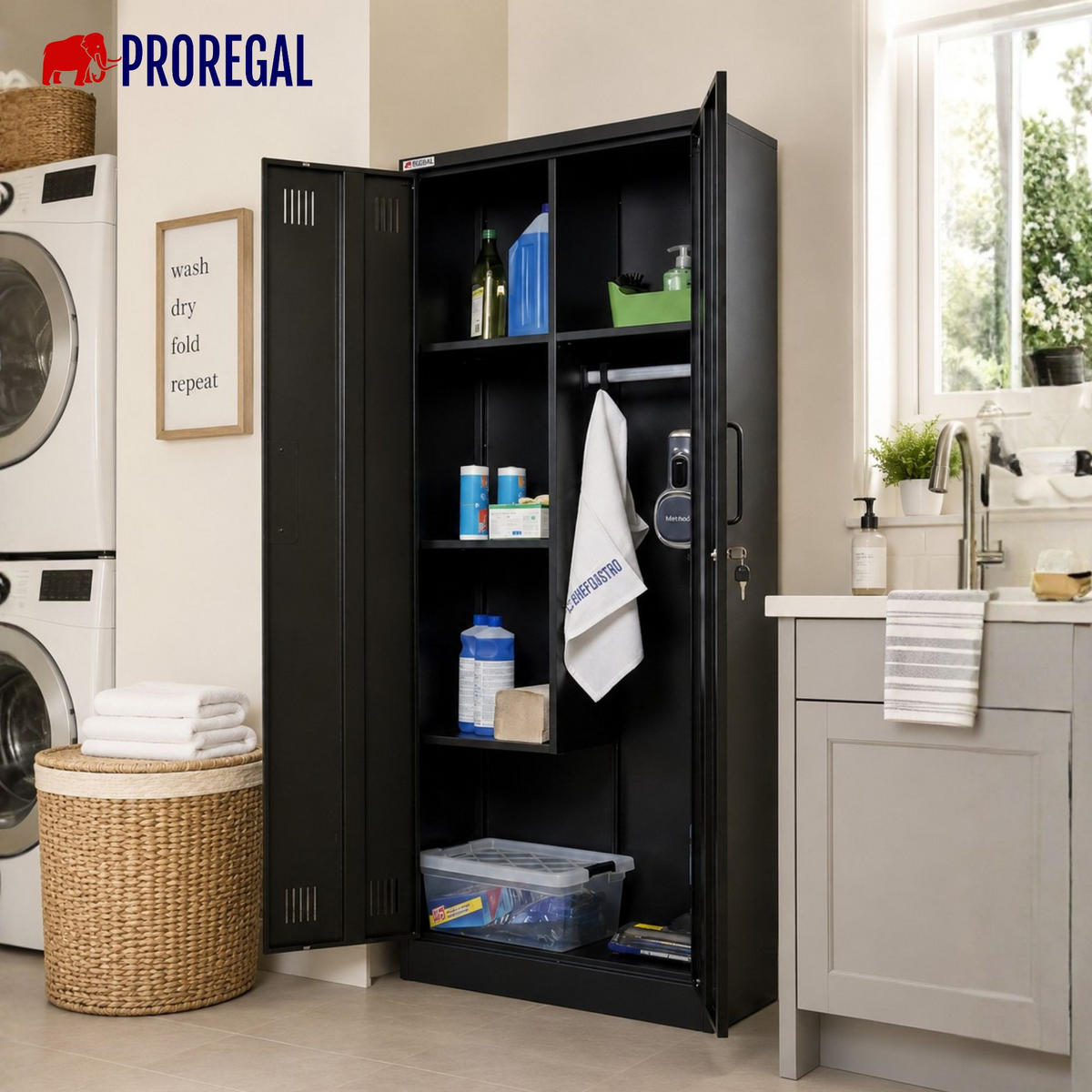 PUTZMITTELSCHRANK Rhino Metall 170x70x30cm Schwarz - Schwarz/Weiß, Metall (70/170/30cm) - PROREGAL