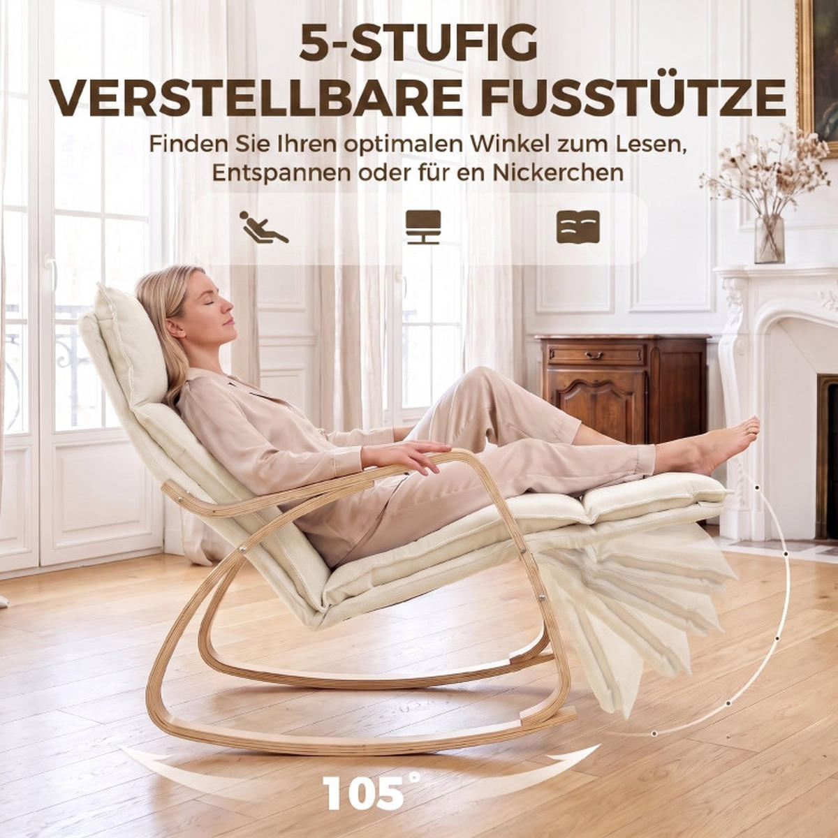 SCHAUKELSTUHL mit 5-fach verstellbarer Fußstütze, Leinenoptik, Cremeweiß - Weiß, Textil (106/92/67cm) - Kaket