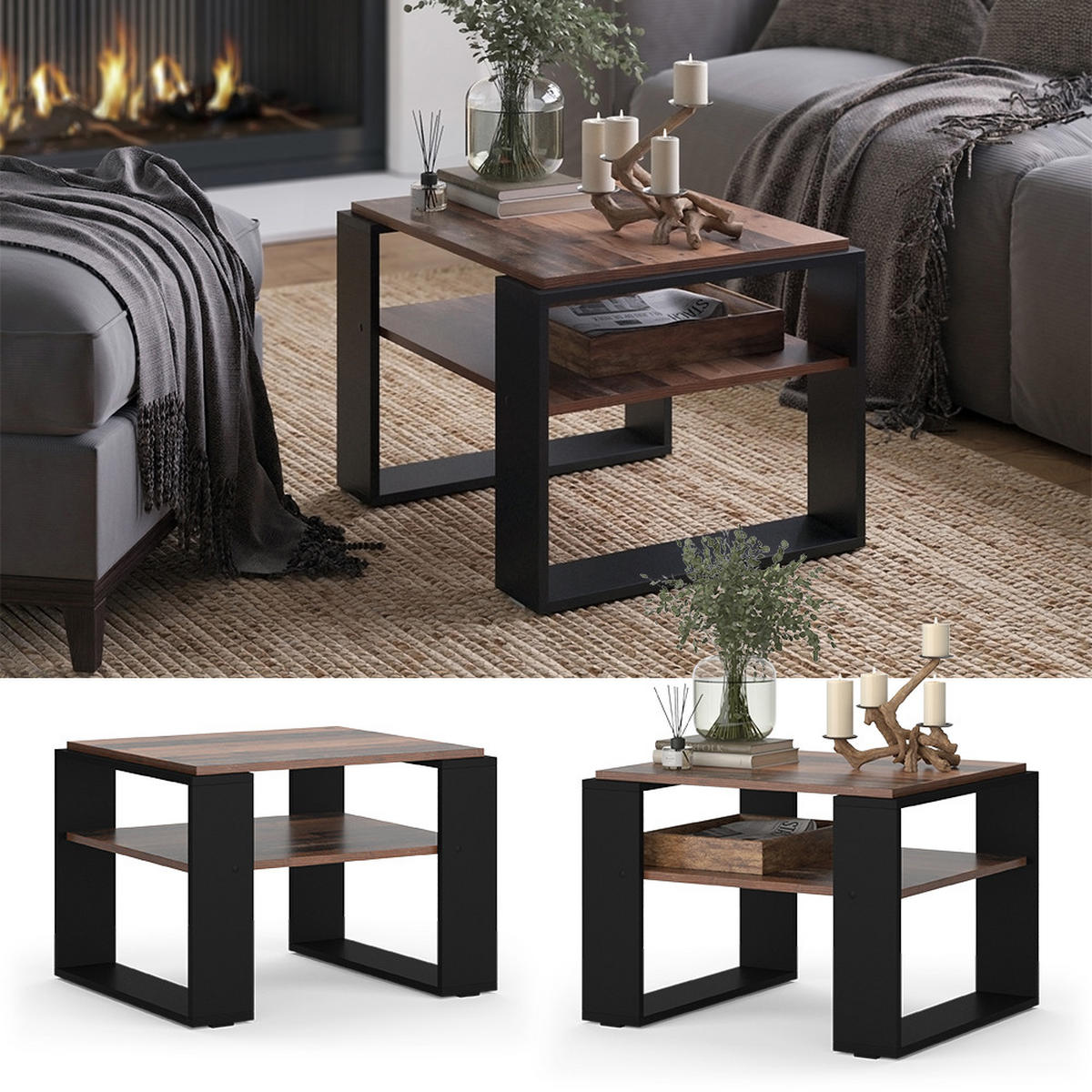 COUCHTISCH Helm Antikholz 65.6 x 55,8 cm mit Ablage - Alteiche/Schwarz, Holzwerkstoff (55.8/65.6/46.2cm) - Vicco