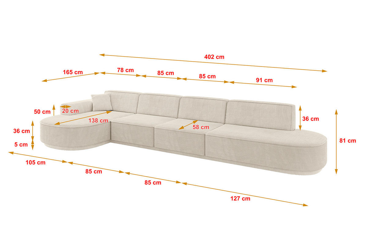 ECKSOFA Ottomane Links MARI-L3-v3 - 402x163x81 cm Beige Cord - Beige/Schwarz, Holzwerkstoff/Kunststoff (402/163cm) - ALTDECOR