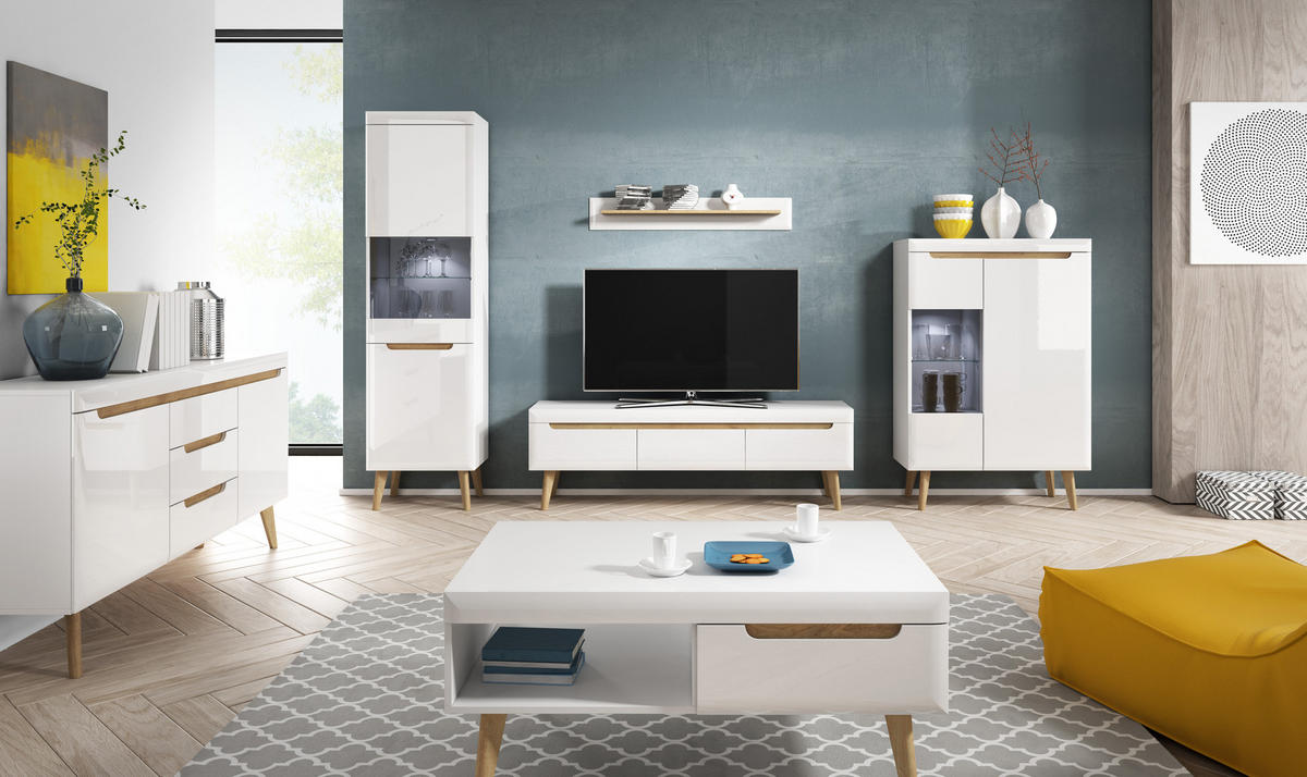 KOMMODE Nodis Weißer Glanz, Kombikommode - Weiß/Braun, Holzwerkstoff (107/83/40cm) - Bettso