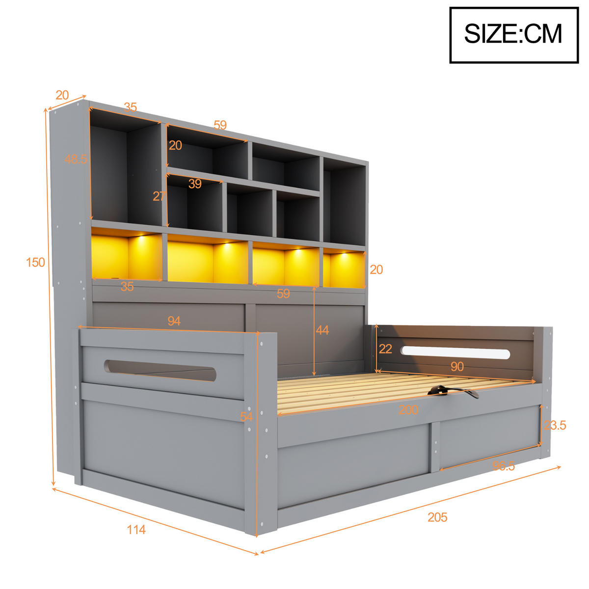 STAURAUMBETT 90/200 cm mit hydraulischem Stauraum und LED, DE-41642, in Grau - Grau, Holzwerkstoff (90/200cm) - ComfortXL
