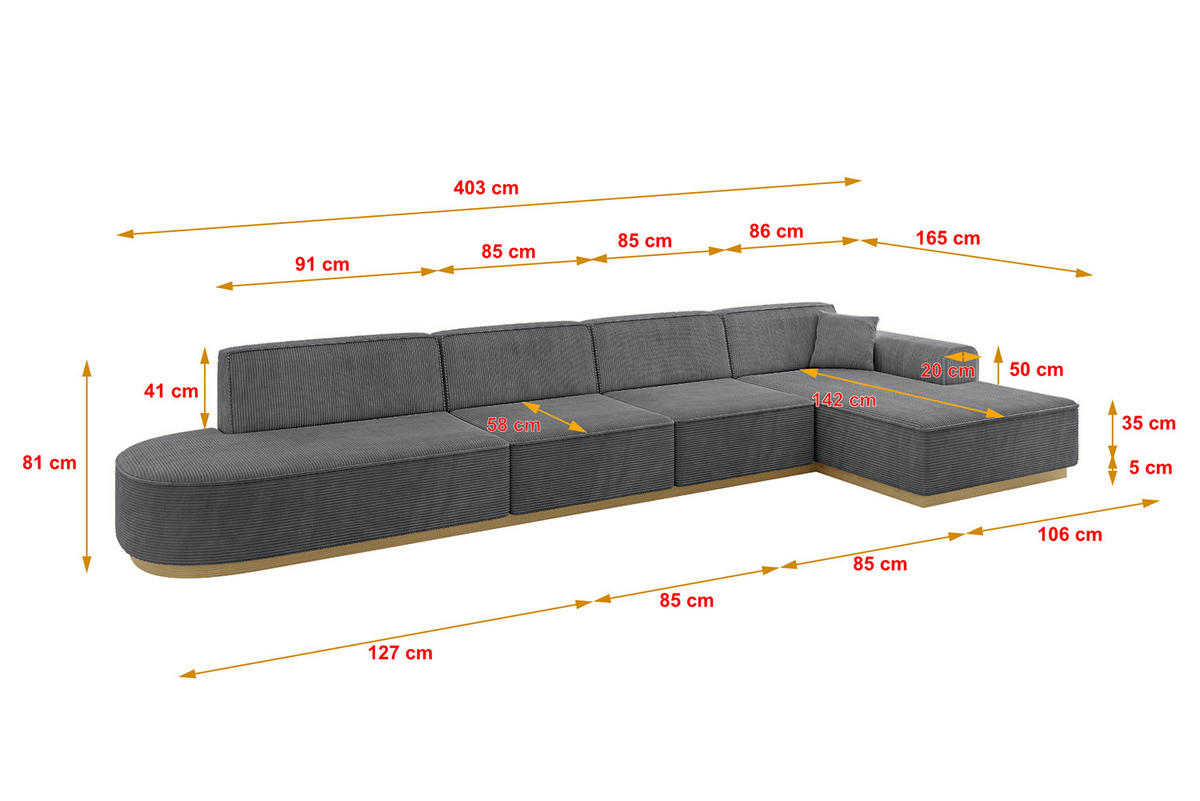 ECKSOFA Ottomane Rechts IREA-L3-v2 - 403x165x81 cm Duneklgrau - Dunkelgrau, Holzwerkstoff/Textil (403/165cm) - ALTDECOR