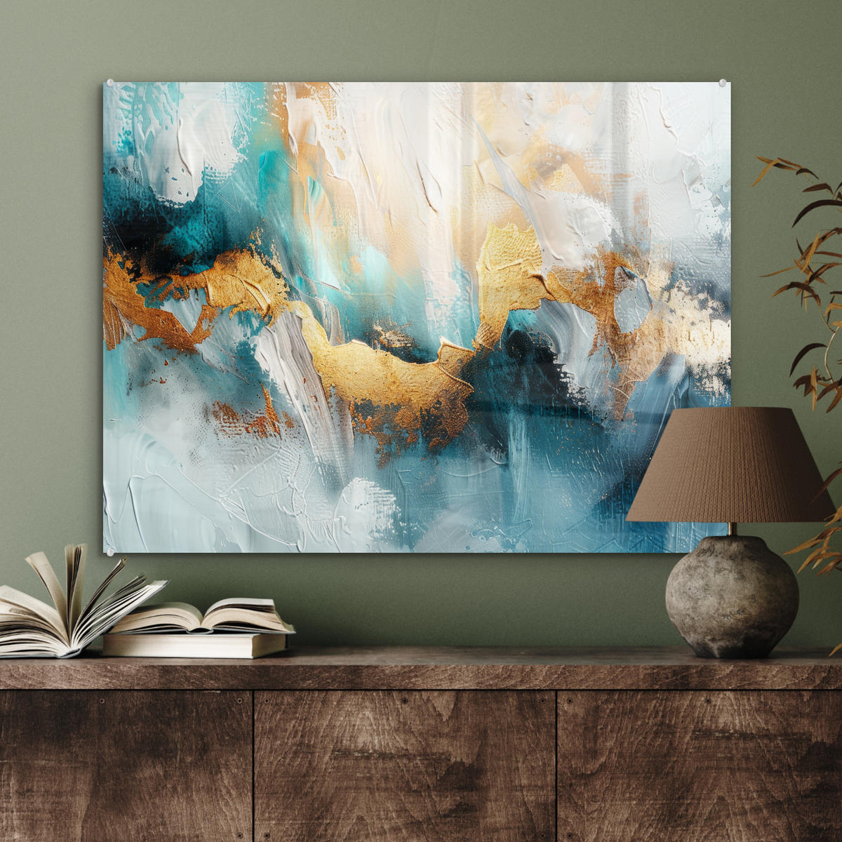OBRAZ NA AKRYLOVOM SKLE Abstraktné - umenie - zlaté - modré 80x60 cm - petrolejová, sklo (80/60cm) - MuchoWow