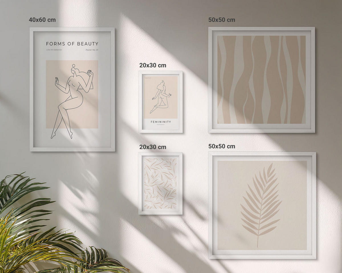 WANDBILDER 5er-Set - 50x50 cm & 20x30 cm & 40x60 cm Weißer Rahmen - Minimalistische Pflanzenmotive - Weiß, Kunststoff (40/60cm) - ArtPrintCave