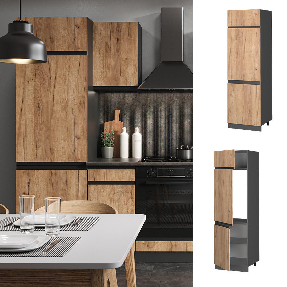KÜHLUMBAUSCHRANK R-Line Goldkraft Eiche 60 cm J-Shape - Honigeiche/Anthrazit, Holzwerkstoff (60/206.8/57.2cm) - Vicco