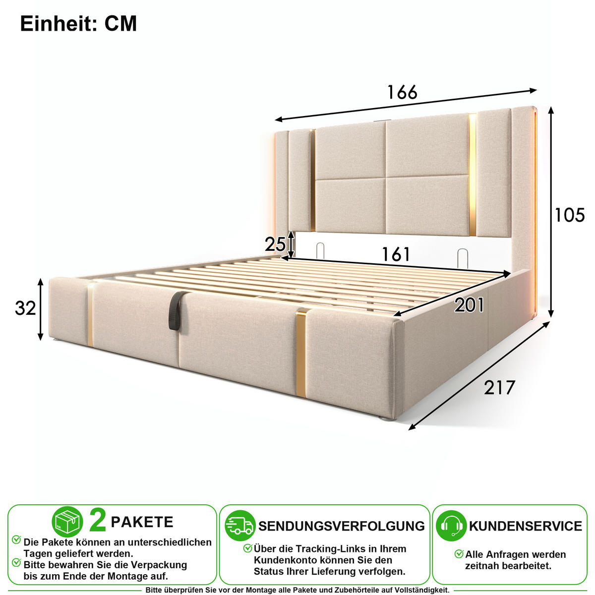 POLSTERBETT 160/200 cm in Beige mit Bettkasten, LED, USB und Type-C Leinen - Beige, Holzwerkstoff/Textil (160/200cm) - CHICFURN