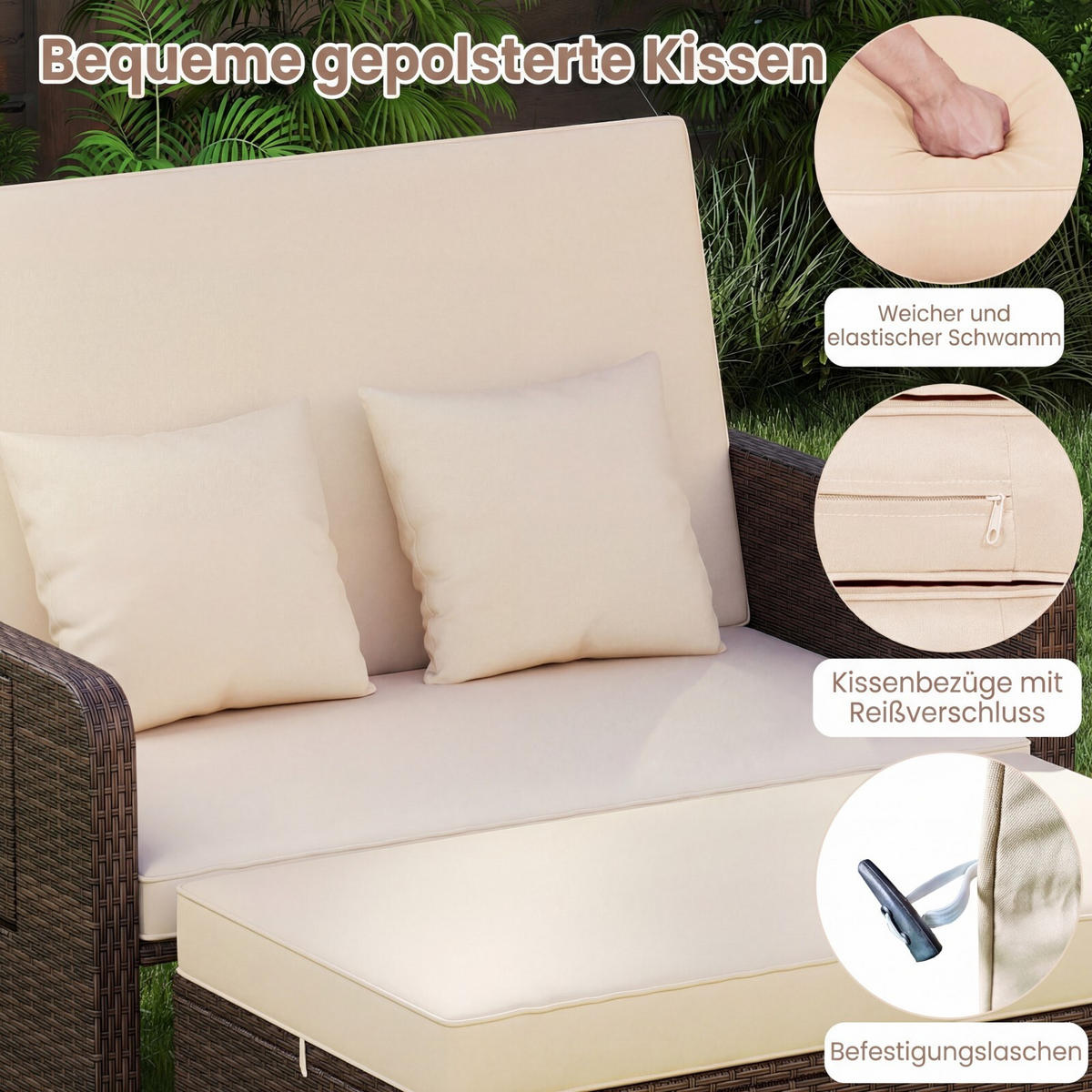 SLUNEČNÍ LEHÁTKO s otomanem a úložným prostorem hnědá - hnědá, kov (166/55/111cm) - COSTWAY
