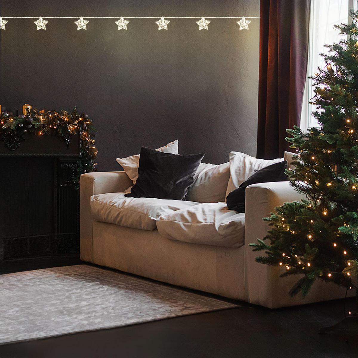 LED Lichterkette Sternen-Design Silber - Silberfarben, Metall (90/5.5/1.5cm) - Globo Lighting