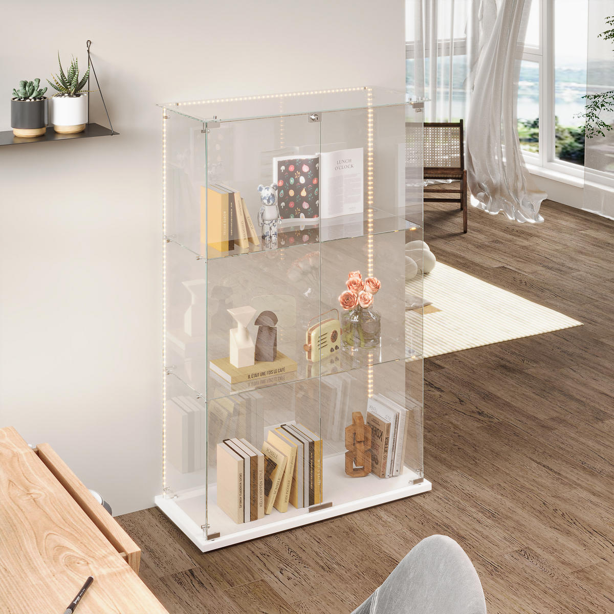 TREVÅNINGSGLASMONTRE, dubbeldörrar, LED, vit - Vit, Glas (35/123.3/78.5cm) - SHOPENTRA