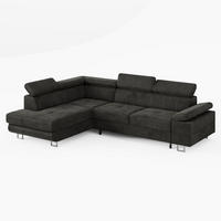 ECKSOFA CAROLINE Links Dunkelgrau Velours-Stoff mit Schlaffunktion und Bettkasten - Chromfarben/Dunkelgrau, Textil (253/190cm) - Barchello
