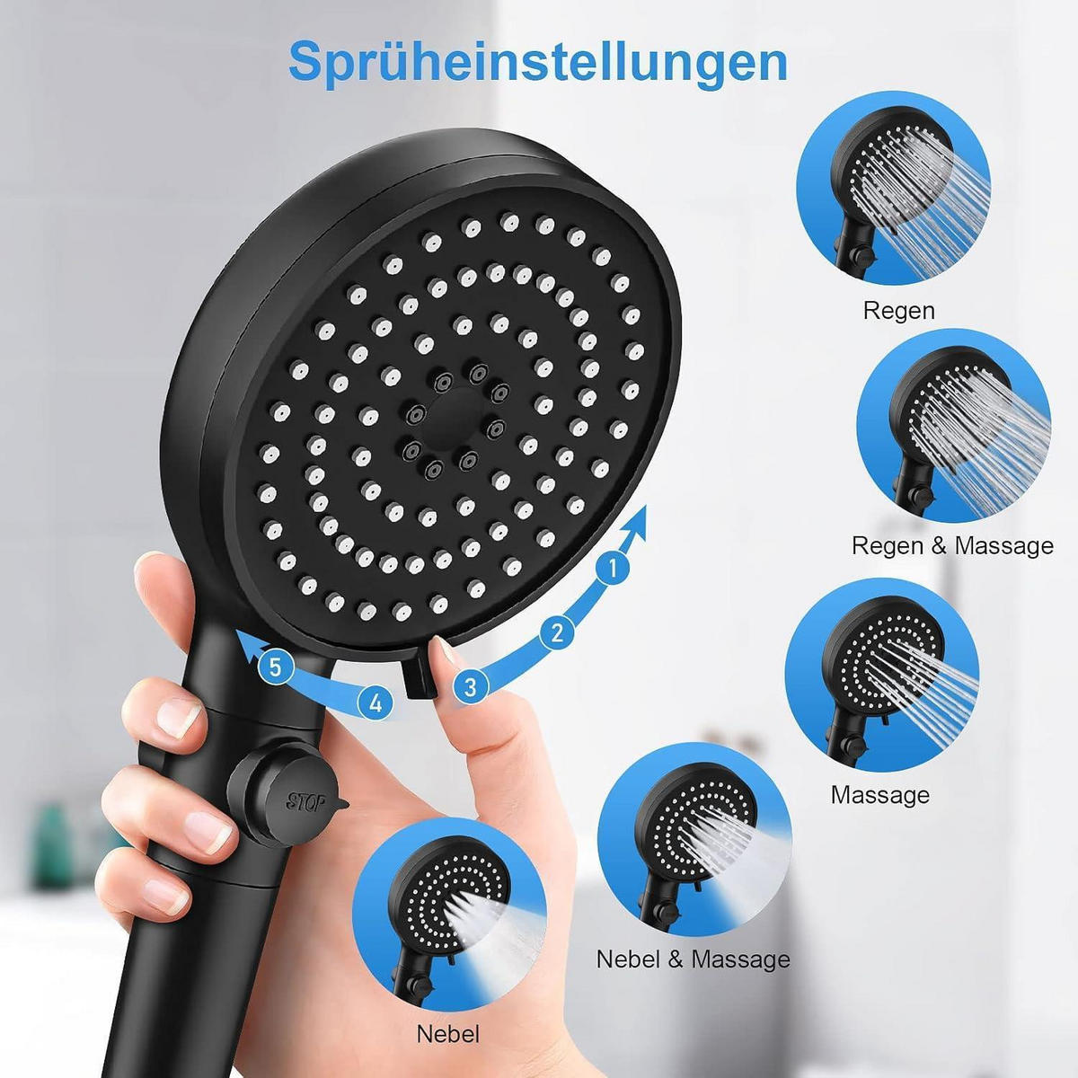 DUSCHKOPF Schwarz mit 5 Strahleinstellungen und Wassersparfunktion - Schwarz, Kunststoff (13.5/12.7/24cm)