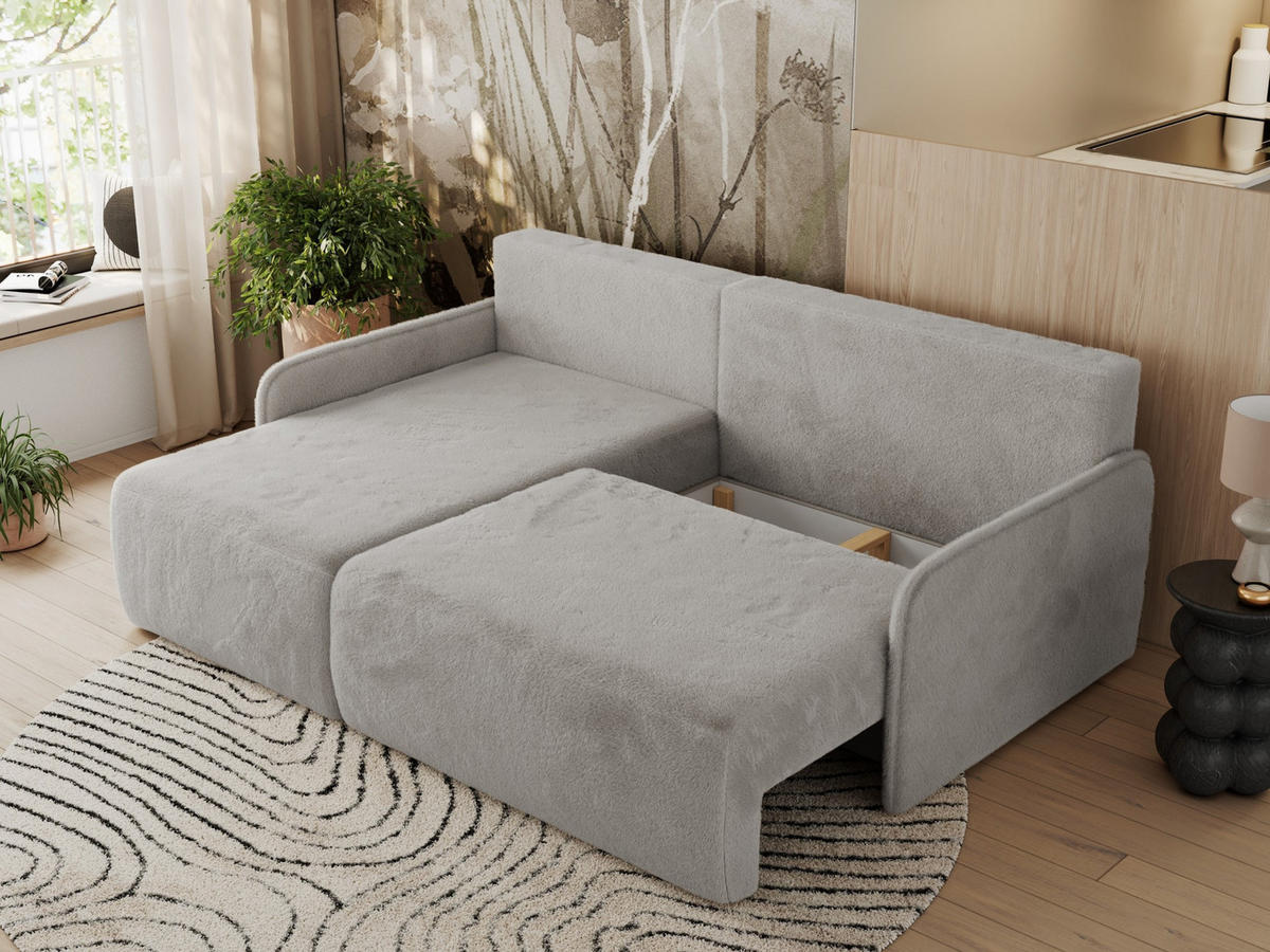 ECKSCHLAFSOFA ARPA L Hellgrau Plüsch - links - Hellgrau/Schwarz, Kunststoff/Textil (198/150cm) - MKS