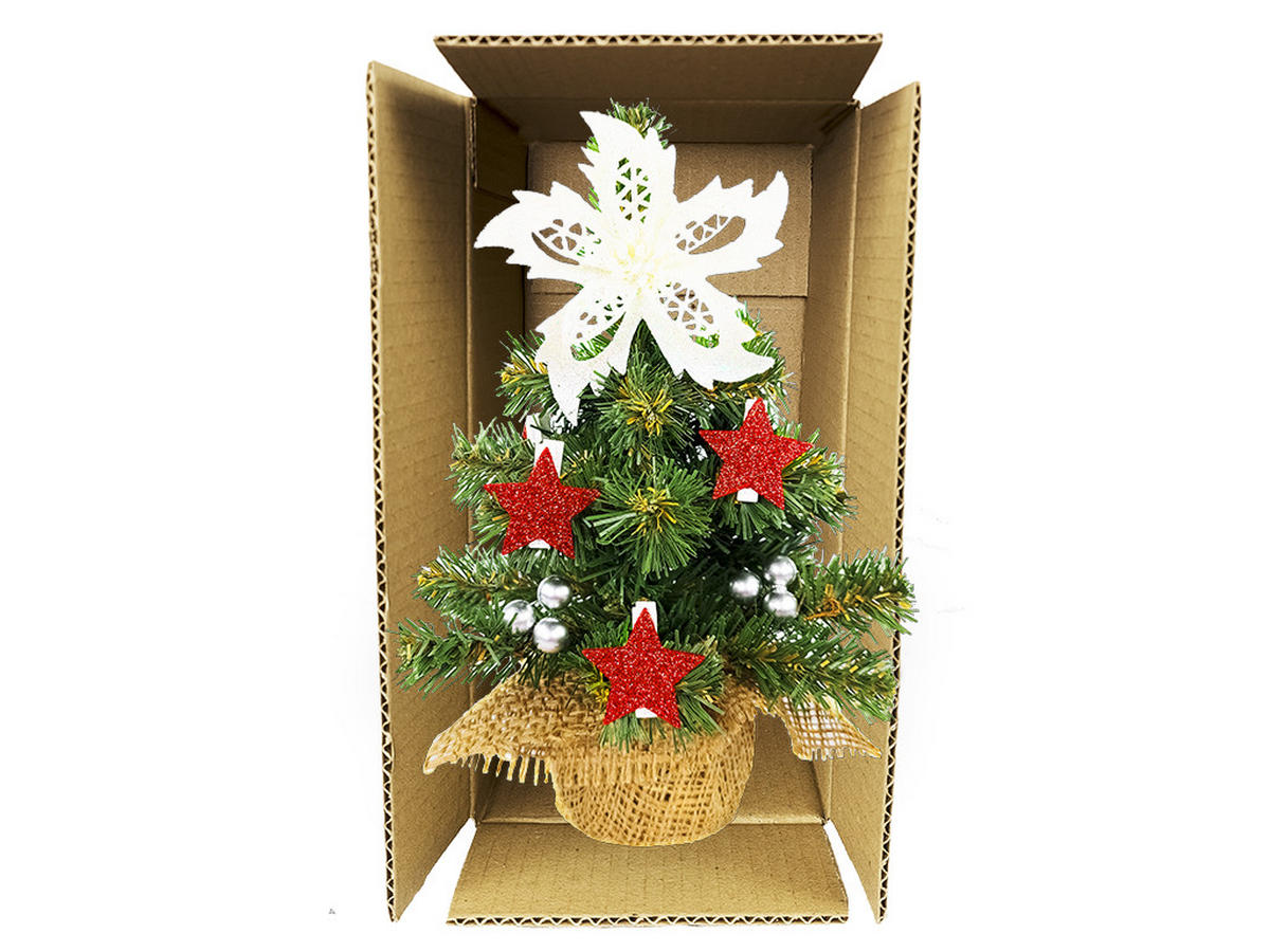 WEIHNACHTSBAUM künstlicher 25 cm, TINY 5, mit 23-teiligem Weihnachtsbaumschmuck, inkl. Metallständer und Aufbewahrungsbox - Rot/Silberfarben, Kunststoff/Stein (18/25cm) - LAALU
