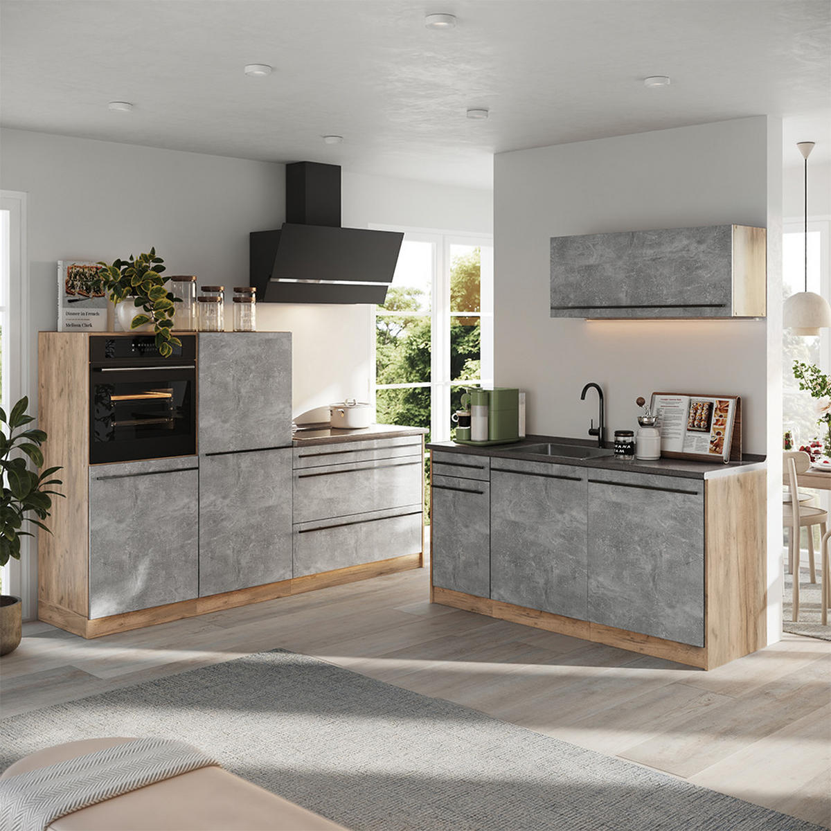 KÜCHENZEILE R-Line, Beton/Goldkraft Eiche, 220 cm ohne Arbeitsplatte - Eichefarben/Grau, Holzwerkstoff (220/143/46cm) - Vicco