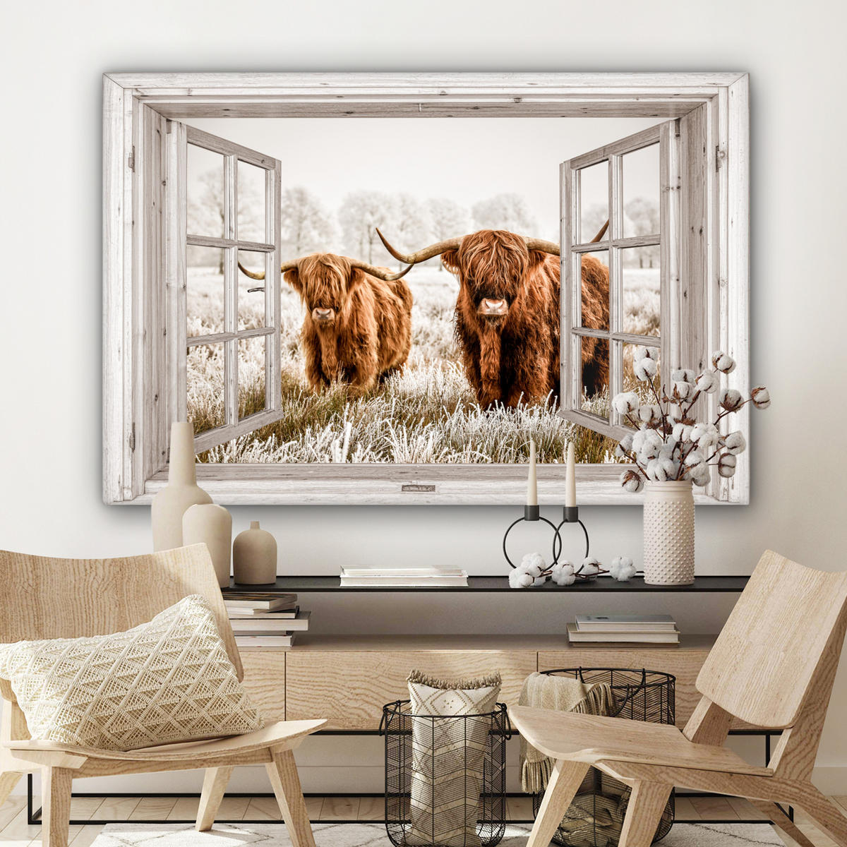 LEINWANDBILD Durchblick - Schottische Highlander - Tiere Wohnzimmer Groß 120x80 cm - Hellbraun, Textil (120/80cm) - MuchoWow