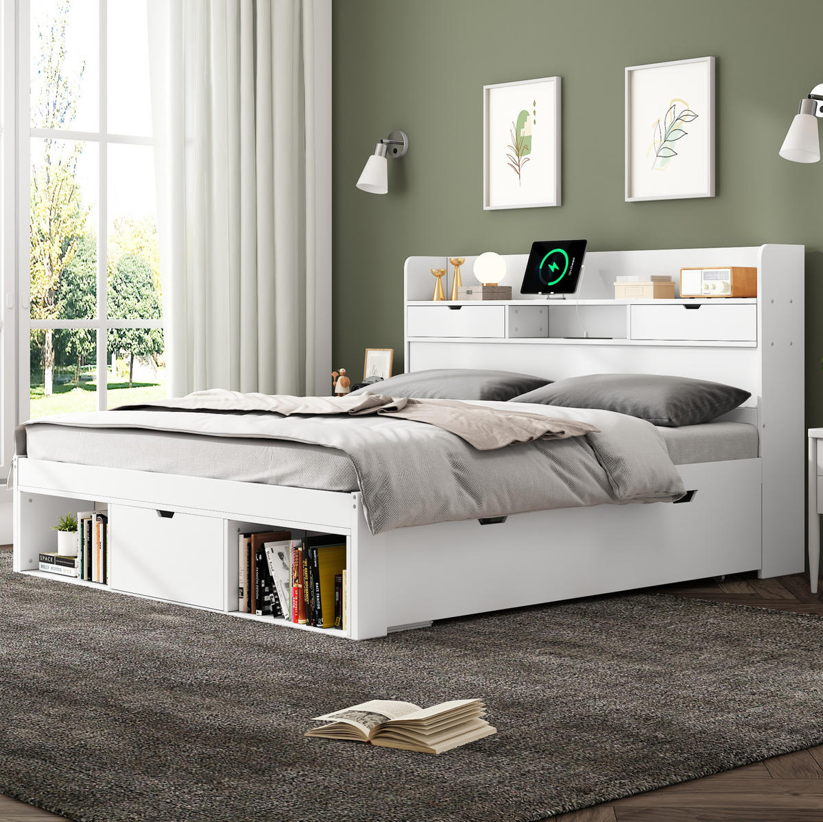 JUGENDBETT 140/190 cm in Weiß mit USB-Anschluss, Stauraum und Lattenrost - Weiß, Holz (140/190cm) - BEAOK