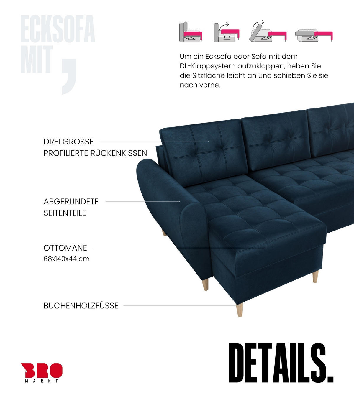 ECKSOFA Henry mit Schlaffunktion Blau Samtstoff - Blau, Textil (232/141cm) - Bromarkt