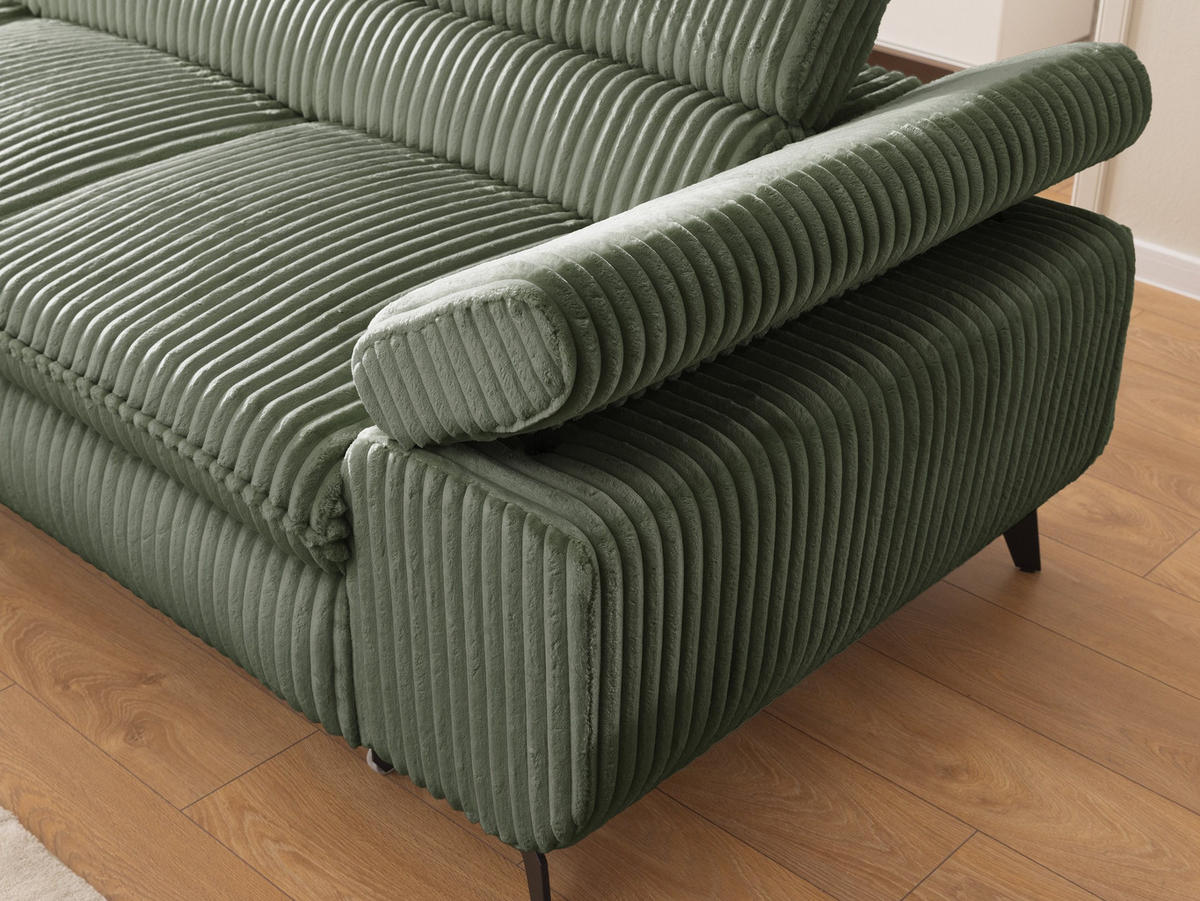 ECKSOFA mit Schlaffunktion und Bettkasten Bonnie aus Olive Cord-Stoff mit verstellbaren Kopfstützen und Armlehne - Ottomane links - Schwarz/Hellgrün, Holz/Textil (275/210cm) - S-Style Möbel