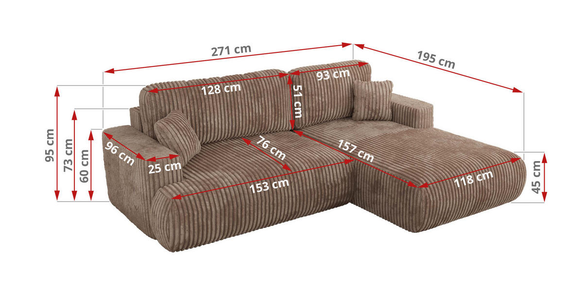 ECKSOFA OVO L Braun Cord - Rechts Seite - Schwarz/Braun, Kunststoff/Textil (195/271cm) - MKS