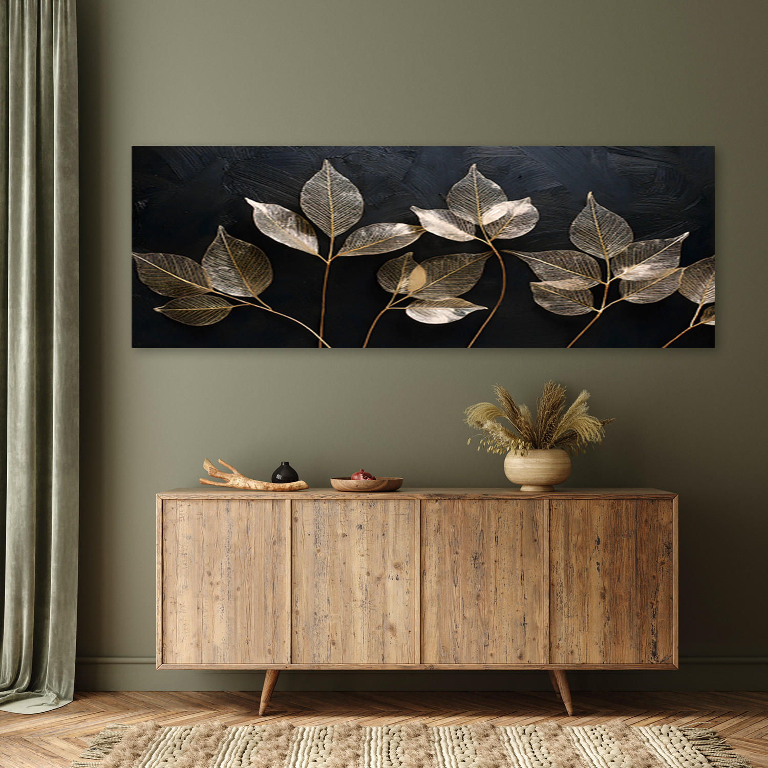 WANDBILD minimalismus hinterlässt pflanzen glamour abstraktion - Goldfarben, Textil (90/30cm) - Feeby