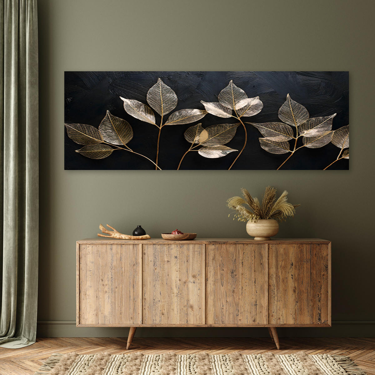 WANDBILD minimalismus hinterlässt pflanzen glamour abstraktion - Goldfarben, Textil (90/30cm) - Feeby