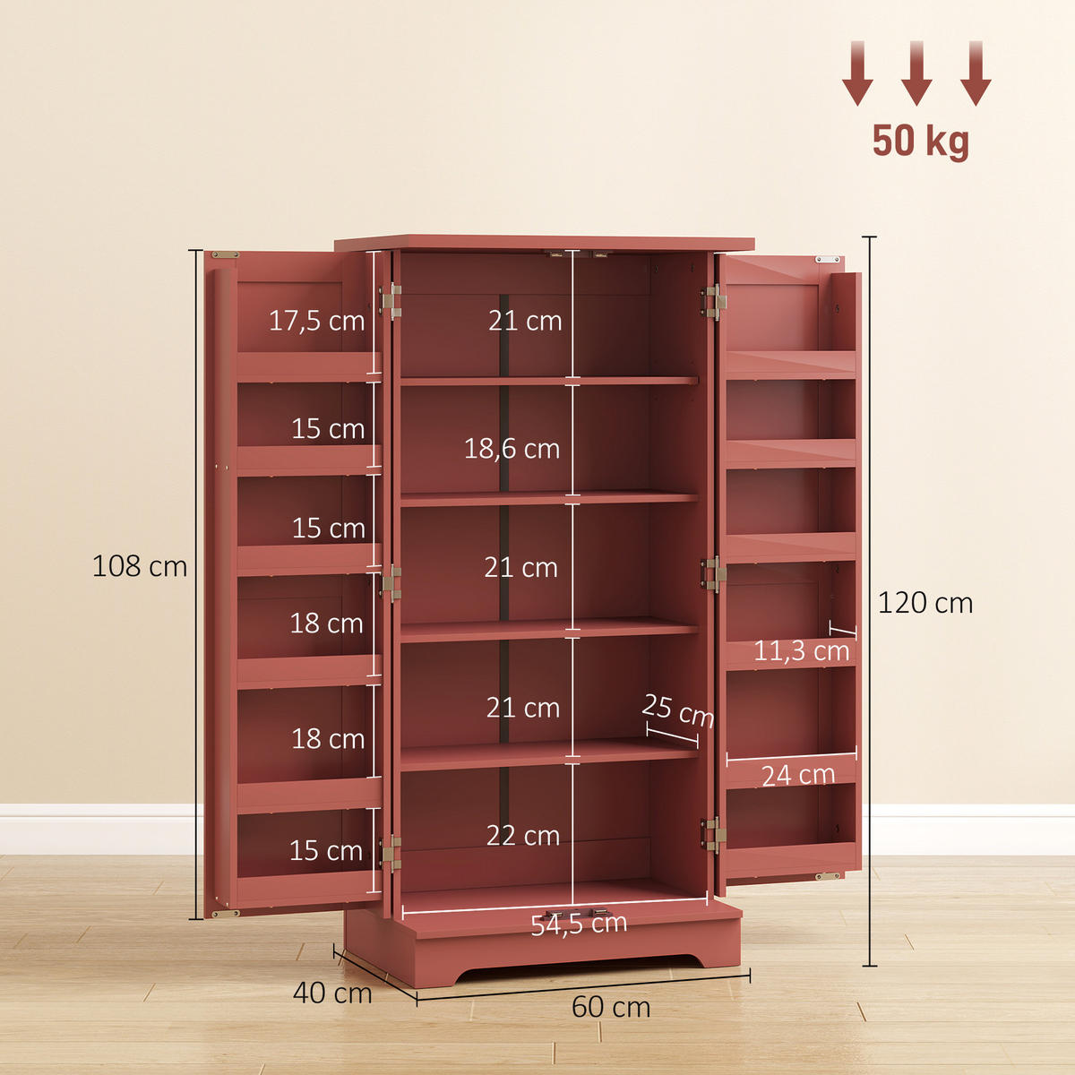 SIDEBOARD DE-11317 5 Ebenen, verstellbare Böden & Türregale Rot - Rot, Holzwerkstoff (60/120/40cm) - ComfortXL